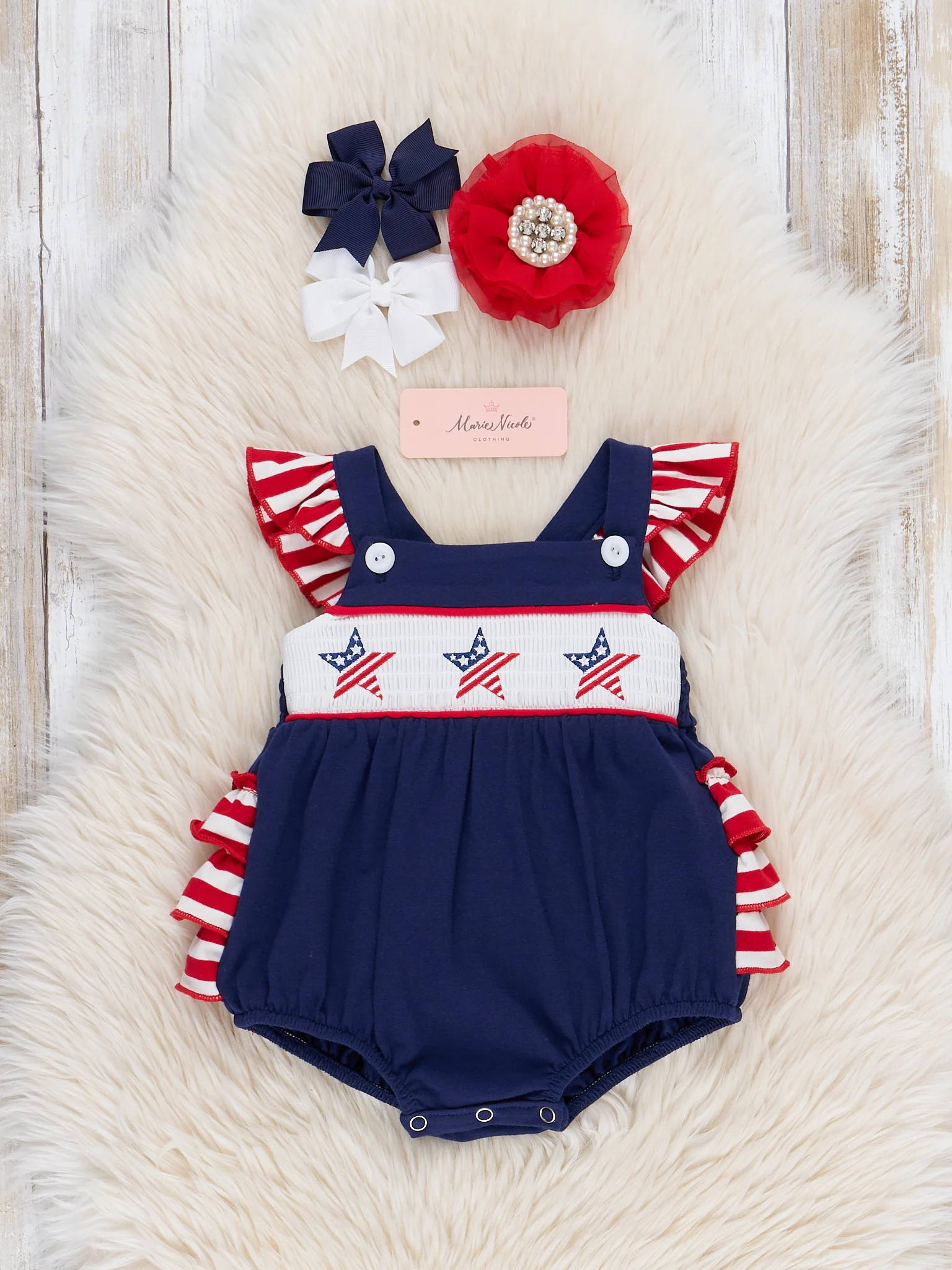 American Stars Smocked Cotton Ruffle Bubble Romper