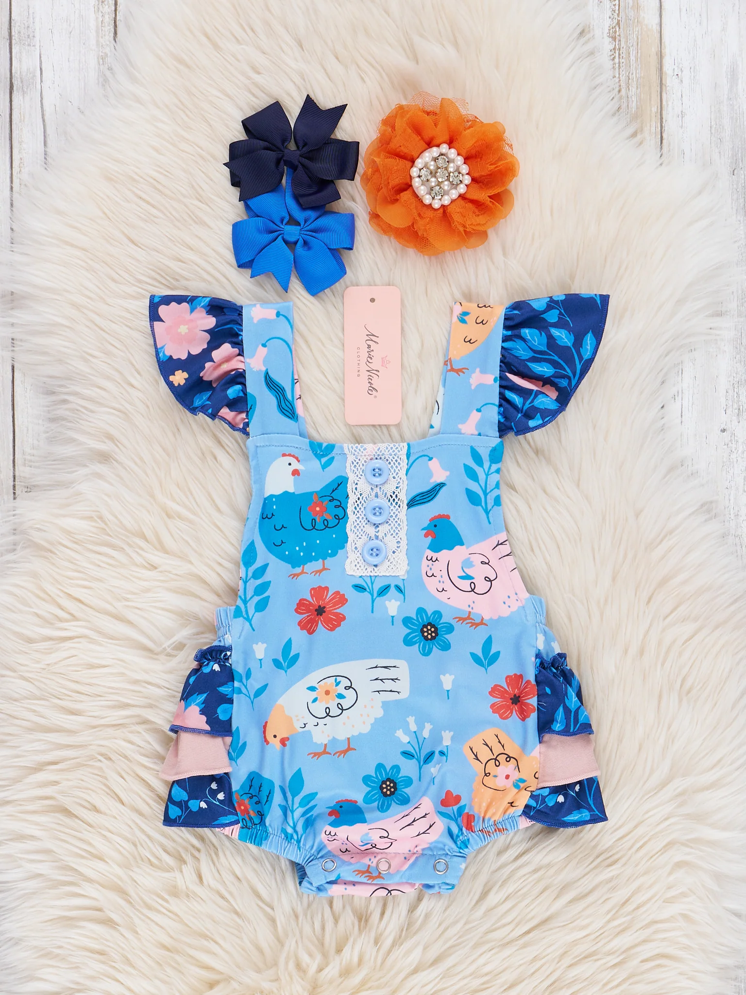 Americana Chickens Floral Ruffle Bubble Romper
