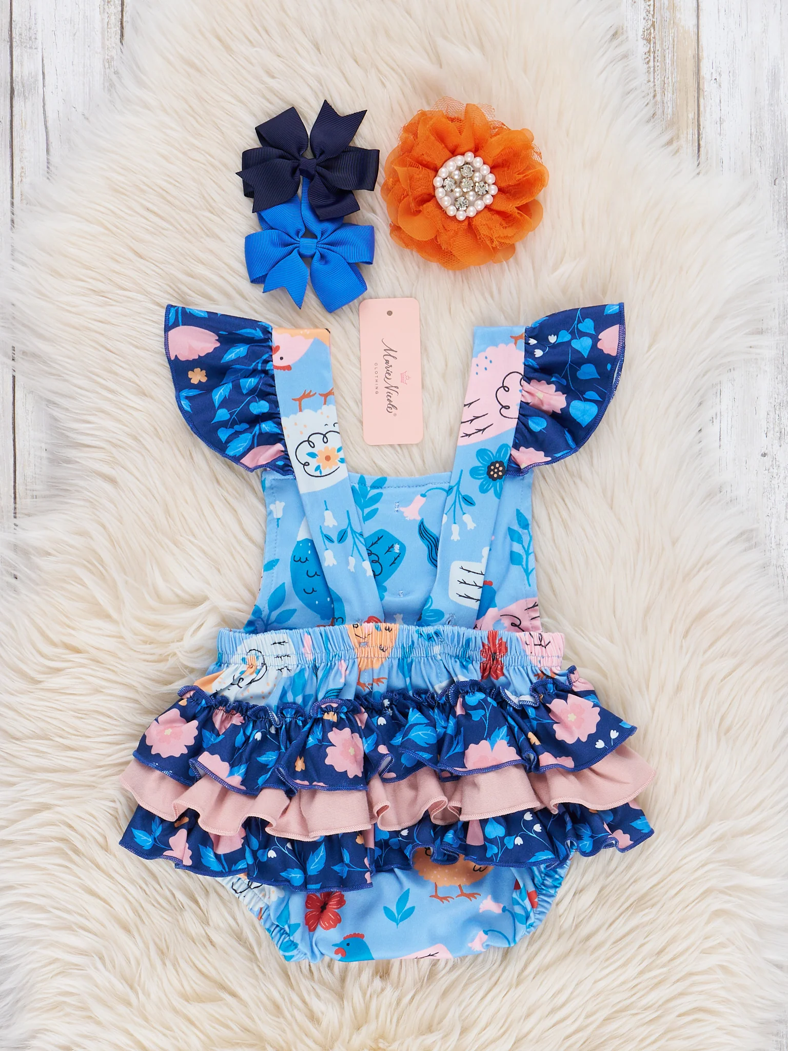 Americana Chickens Floral Ruffle Bubble Romper - Image 2