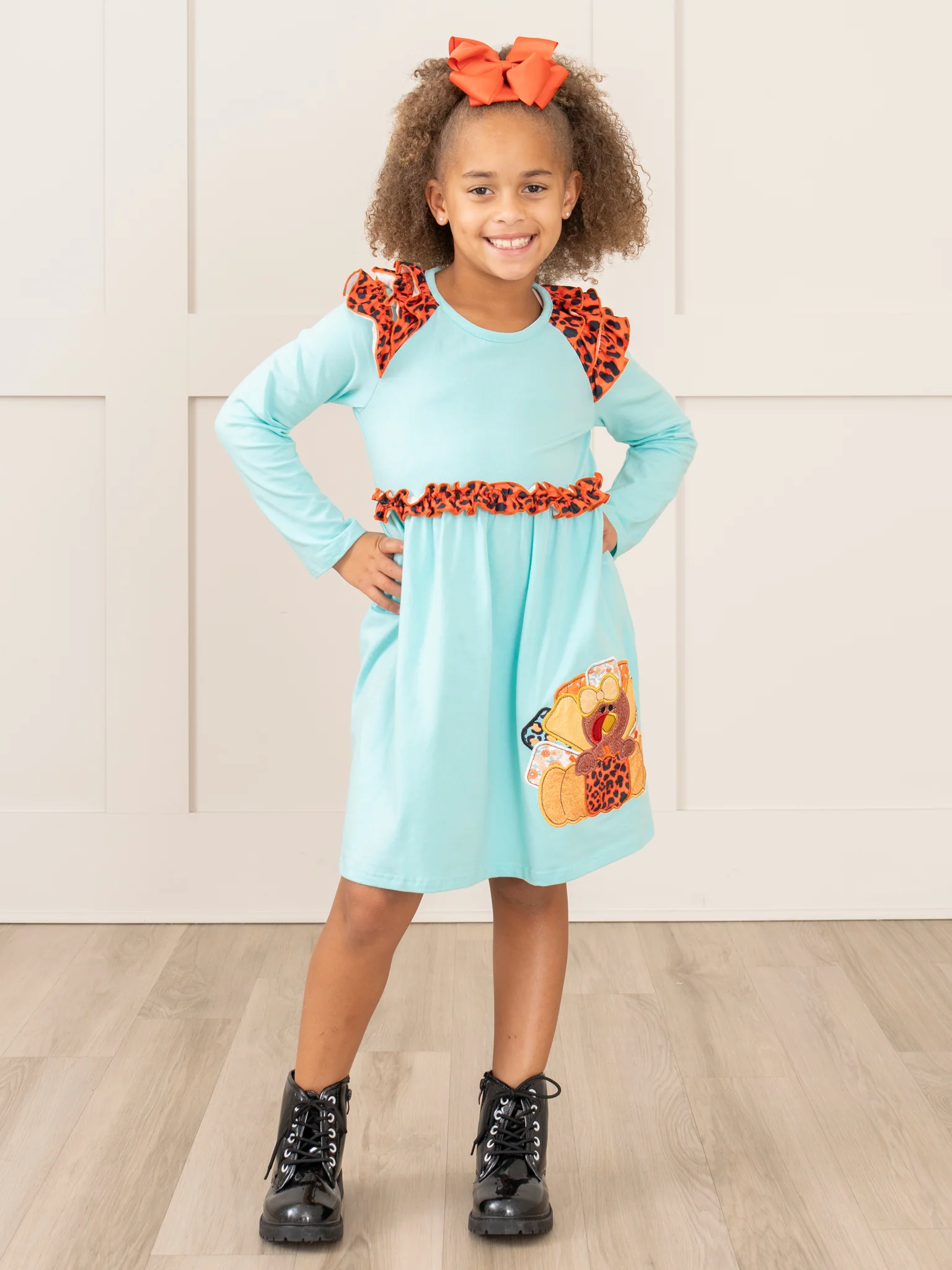 Aqua & Leopard Embroidered Turkey Ruffle Dress - Image 3