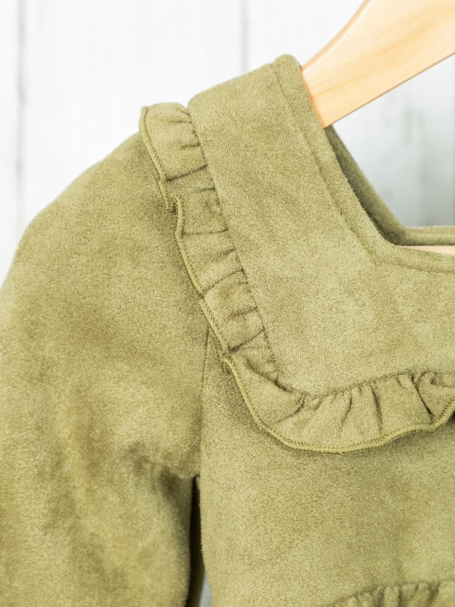 Army Green Suede Square Neck Ruffle Dress - Image 3