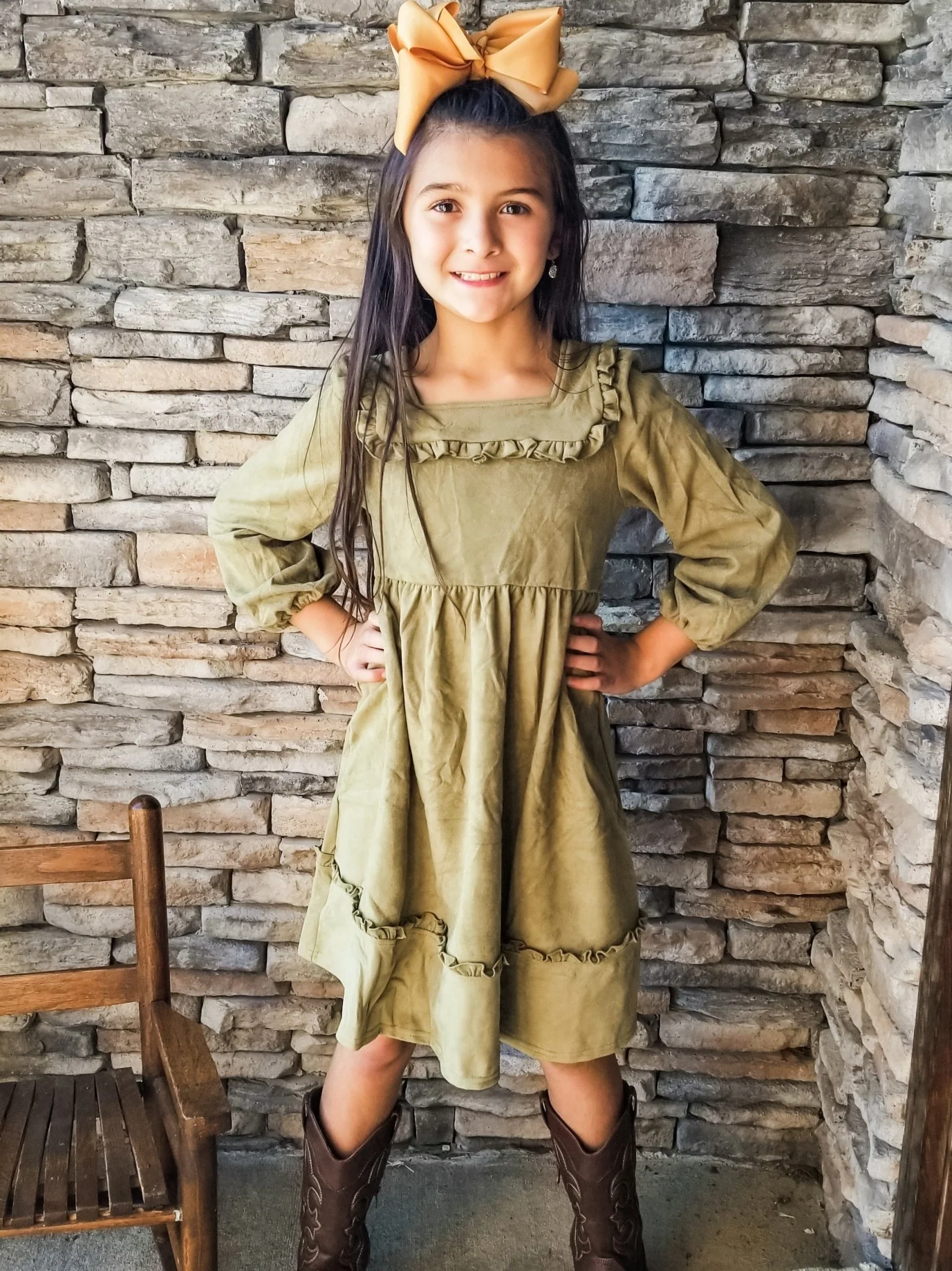 Army Green Suede Square Neck Ruffle Dress - Image 4