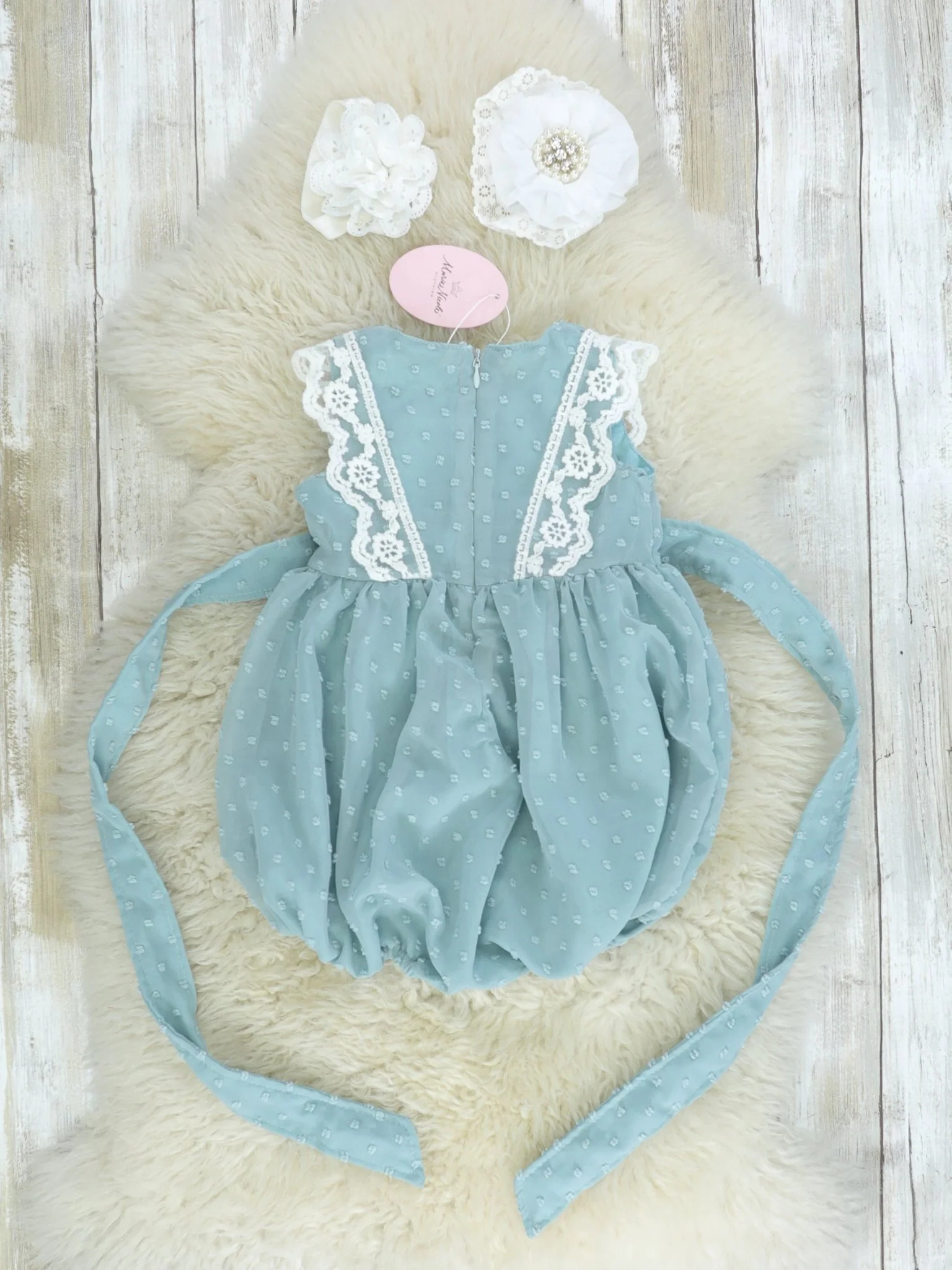 Ash Blue Lace Swiss Dot Bubble Romper - Image 3