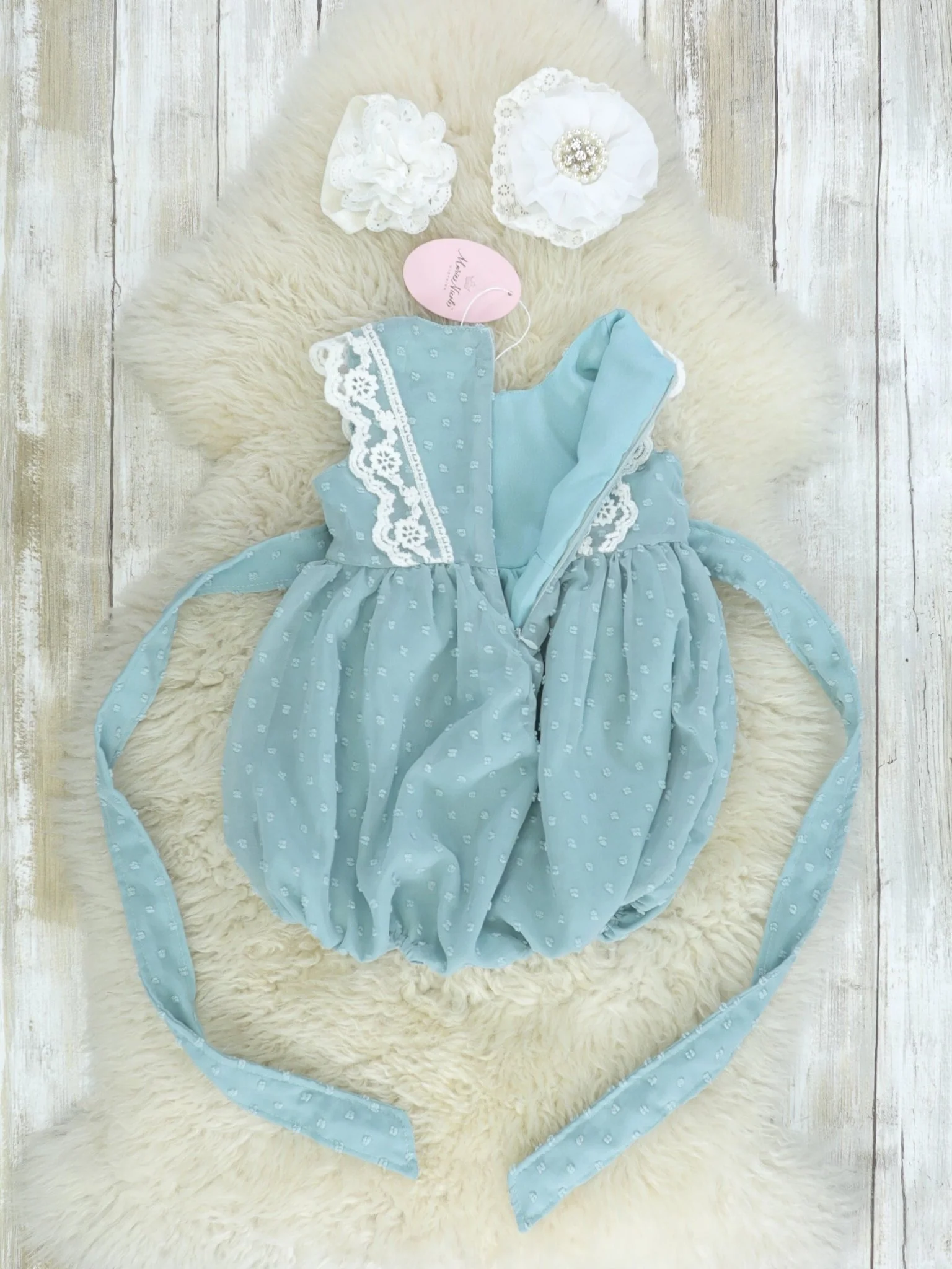 Ash Blue Lace Swiss Dot Bubble Romper - Image 4
