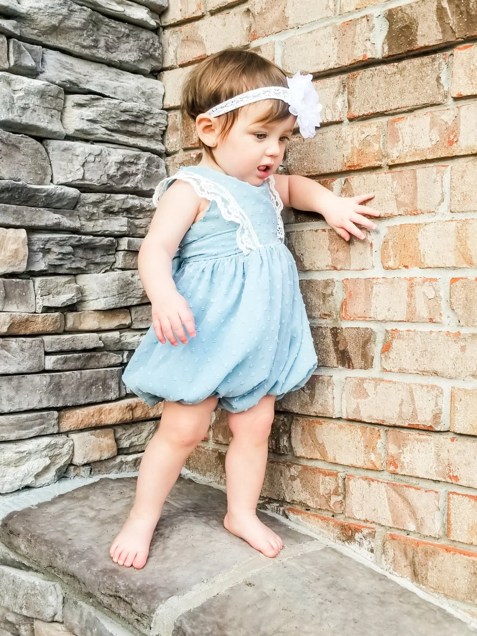 Ash Blue Lace Swiss Dot Bubble Romper - Image 7