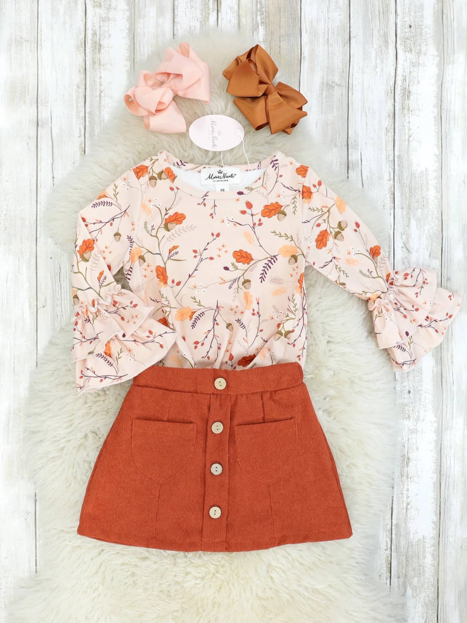 Autumn Botanic Ruffle Sleeve Top & Brown Pocket Skirt - Image 2