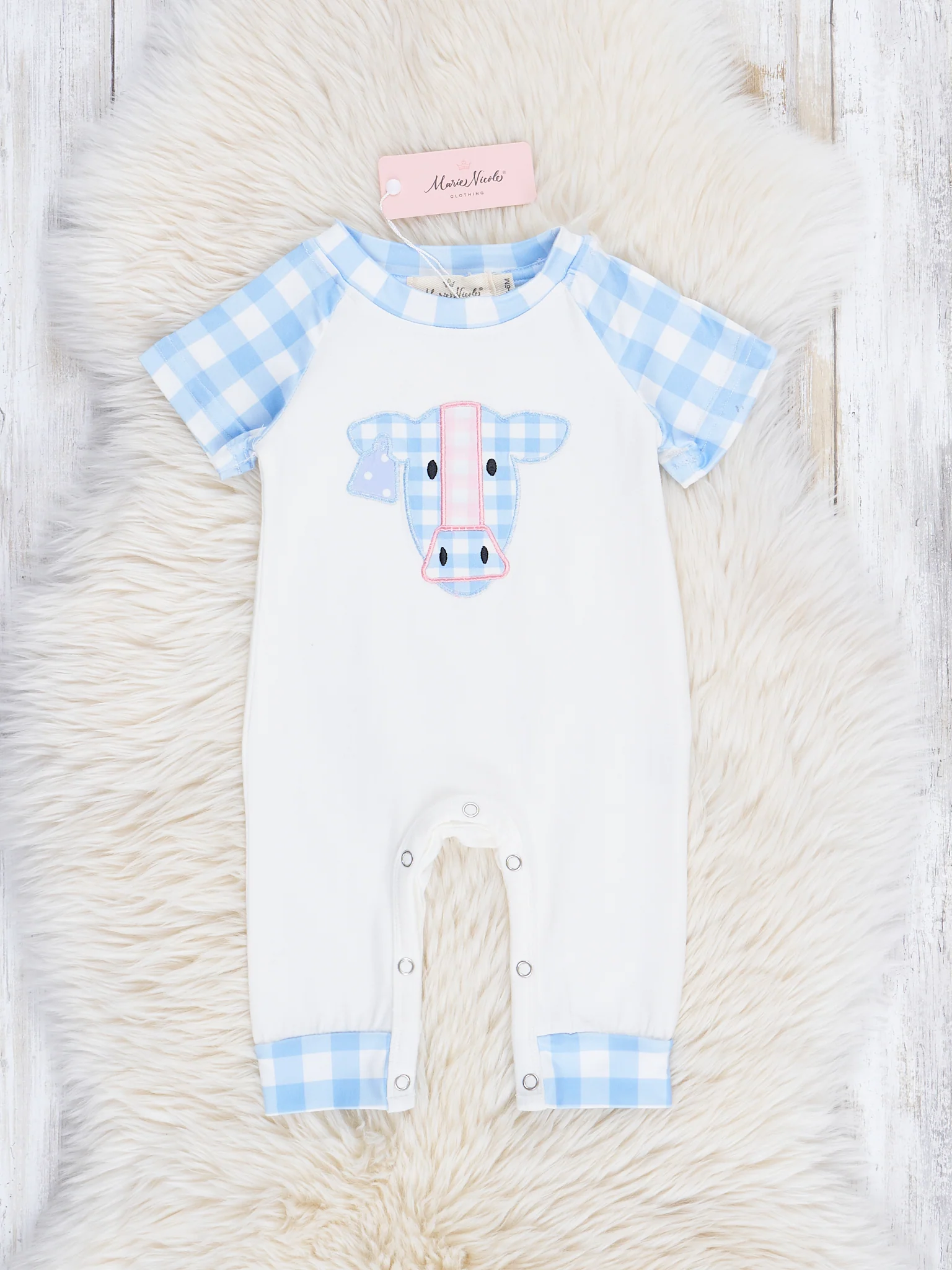 Baby Blue Gingham Cow Raglan Romper