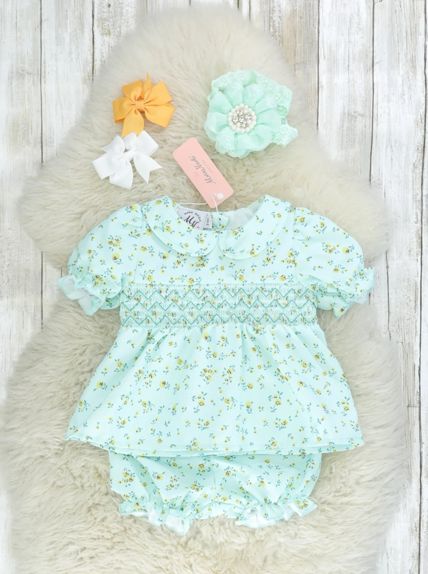 Mint Smocked Floral Top & Bloomers Outfit