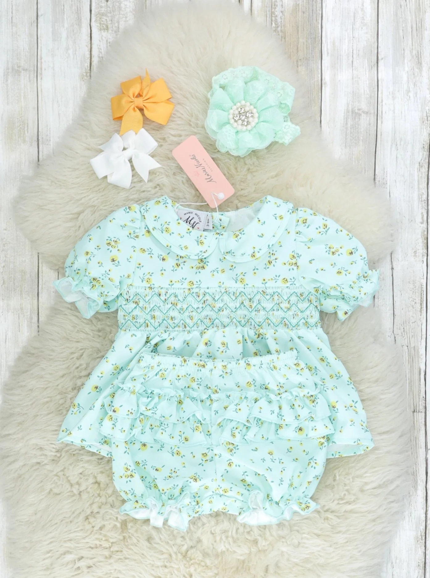 Mint Smocked Floral Top & Bloomers Outfit - Image 2