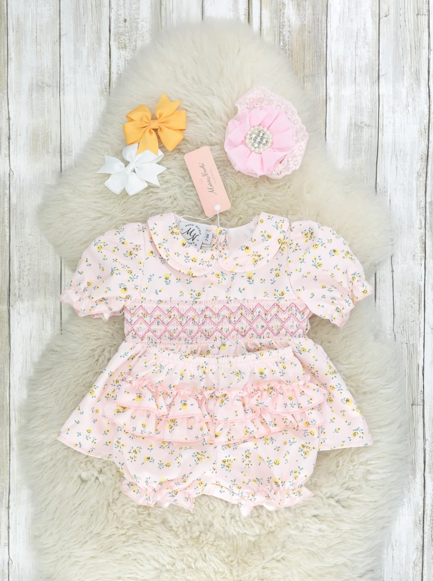 Baby Pink Smocked Floral Top & Bloomers Outfit - Image 2