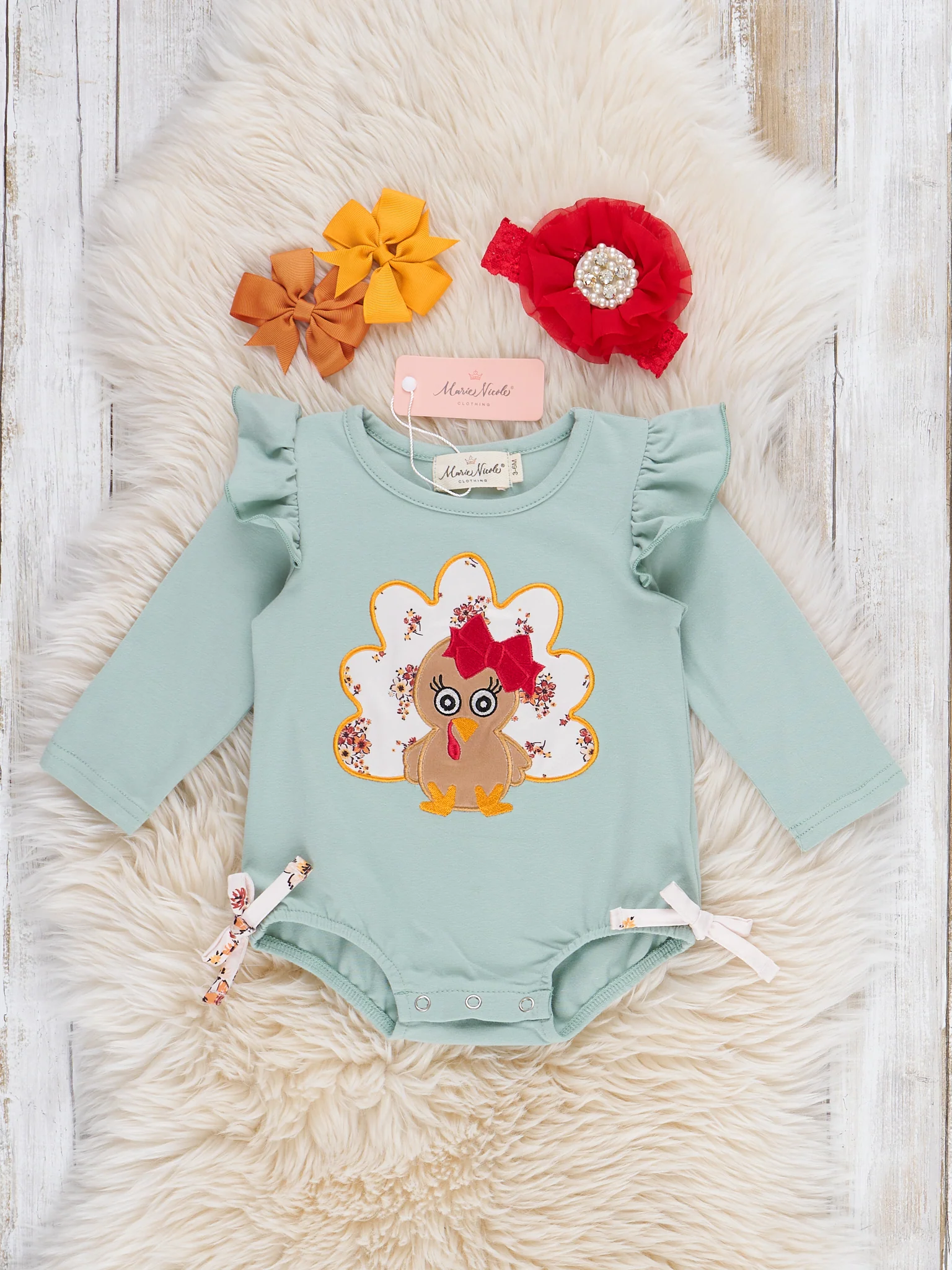 Baby Turkey Embroidered Bow Romper