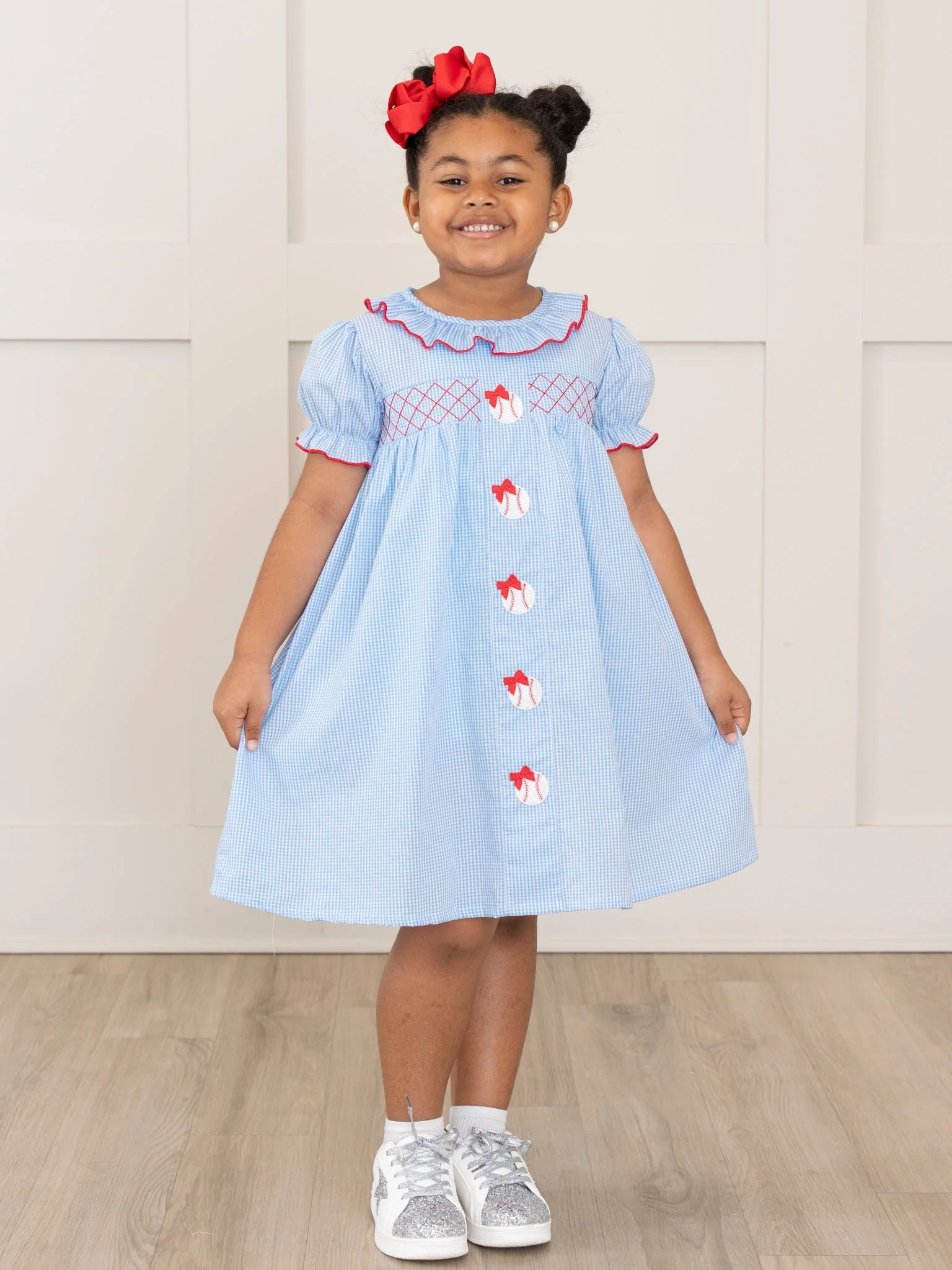 Baseball Bows Embroidered Ruffle Dress - Image 4