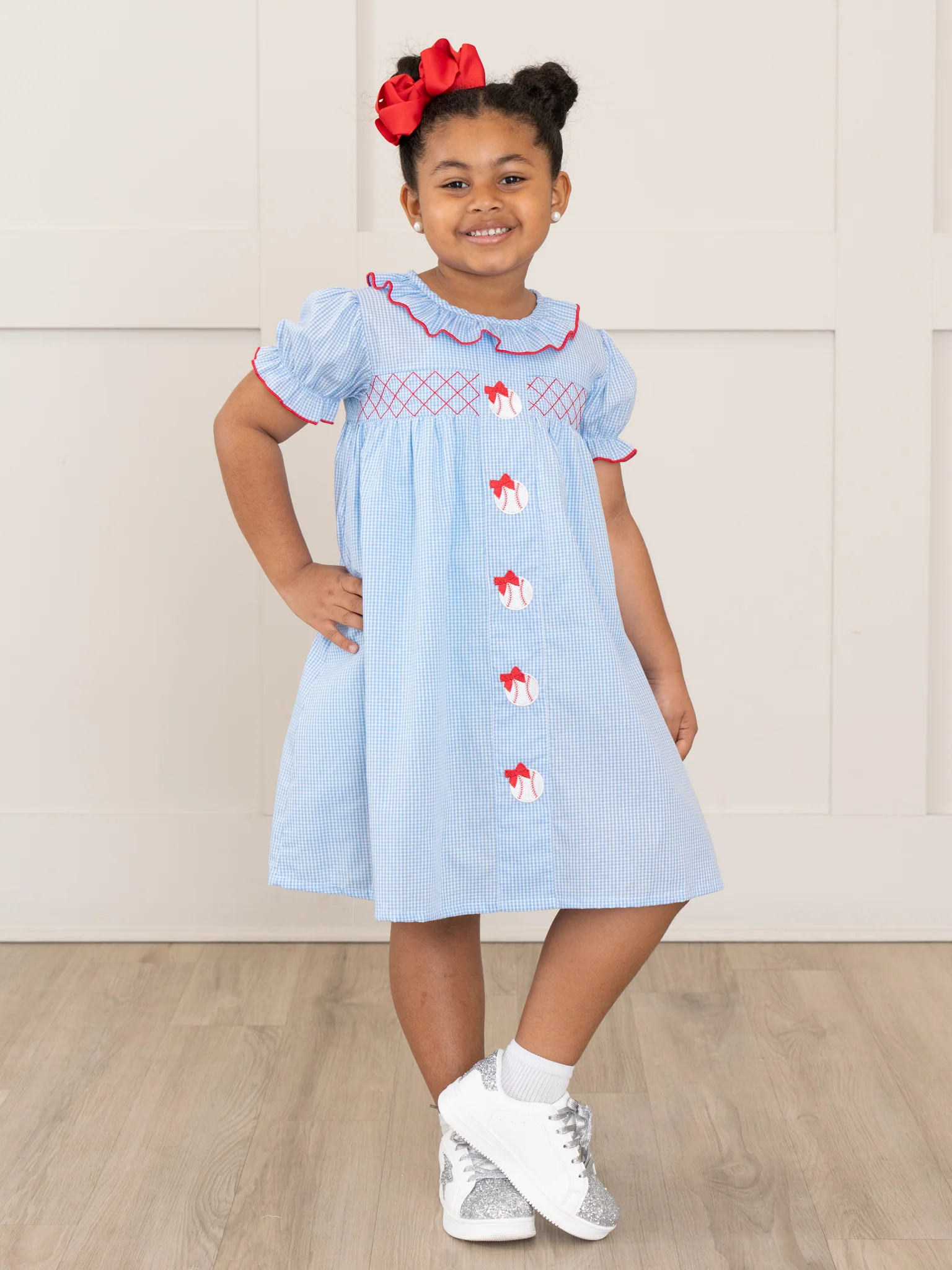 Baseball Bows Embroidered Ruffle Dress - Image 5