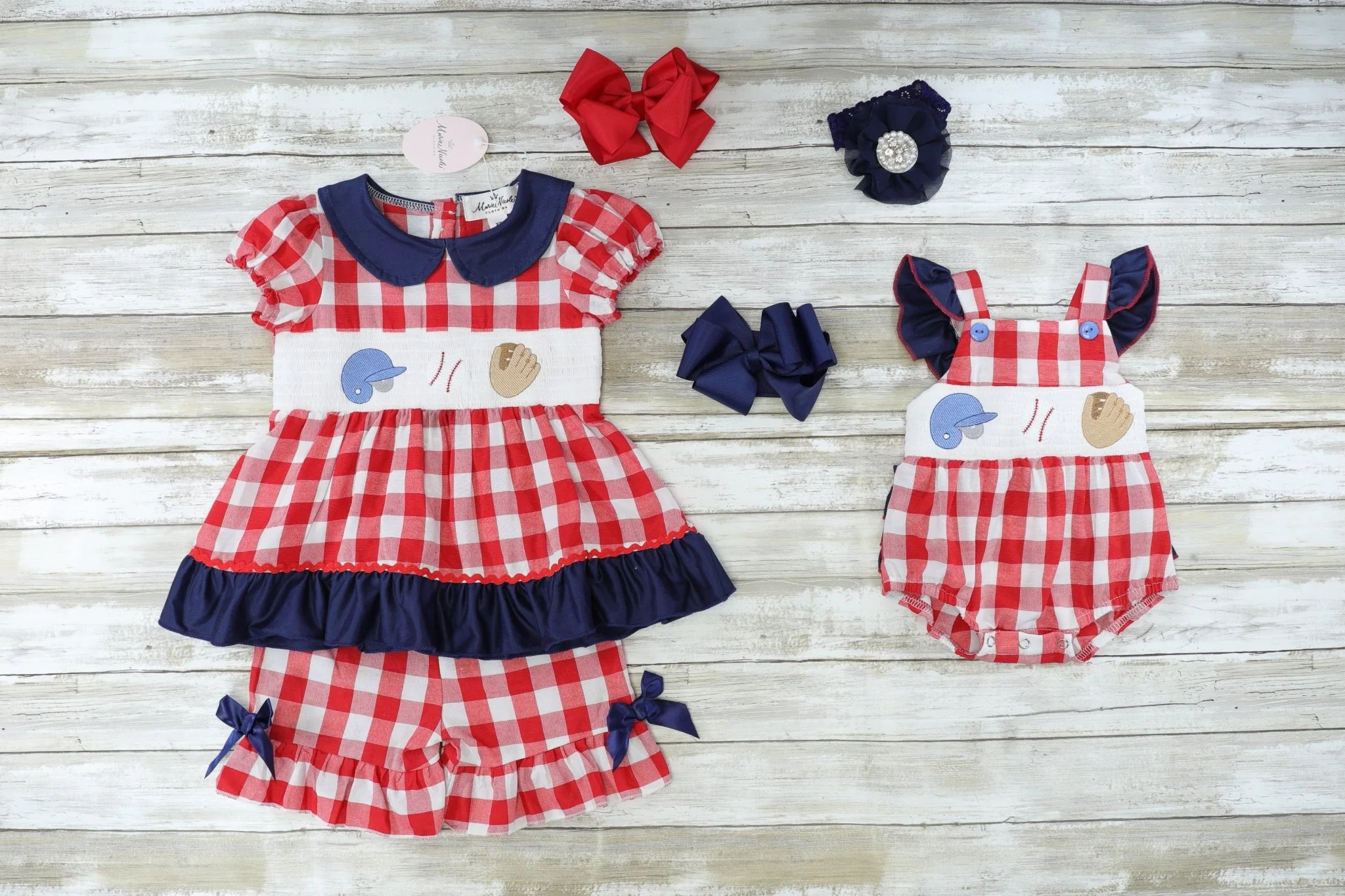 Baseball Gingham Smocked Ruffle Outfit - Image 3