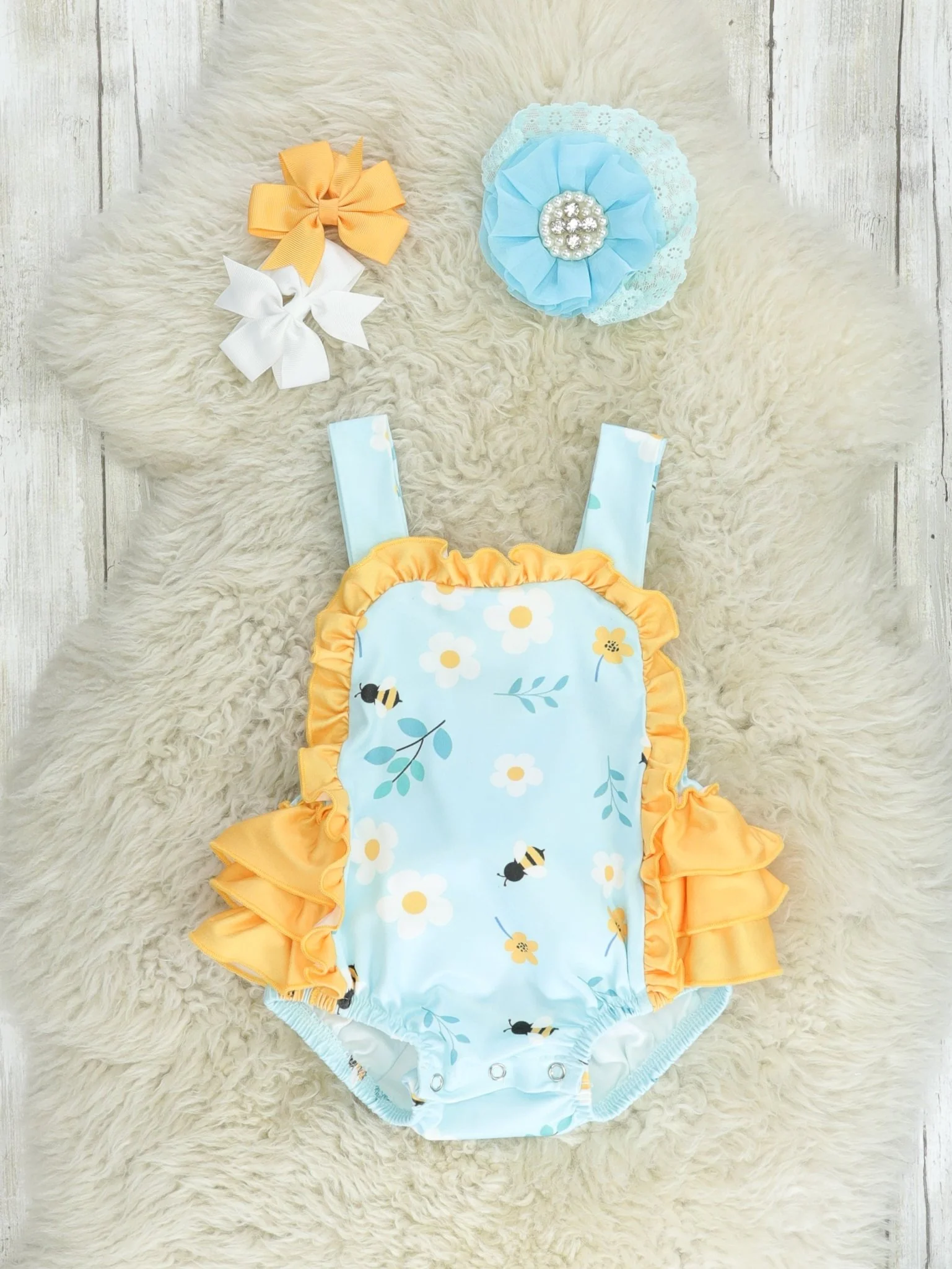 Beautiful Bees Ruffle Bubble Romper