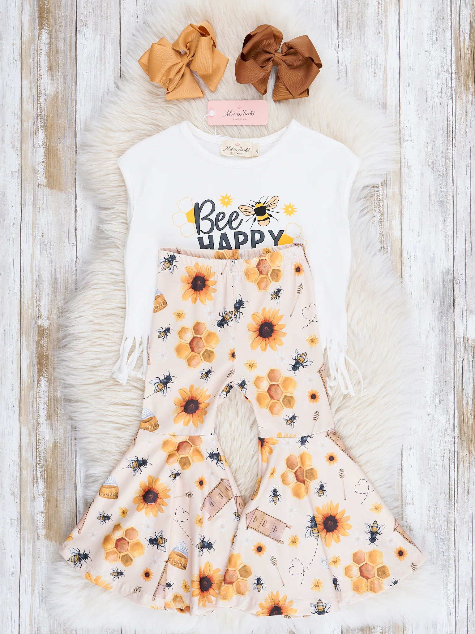 "Bee Happy" Sunflower Fringe Bell Bottoms Outfit - Image 2