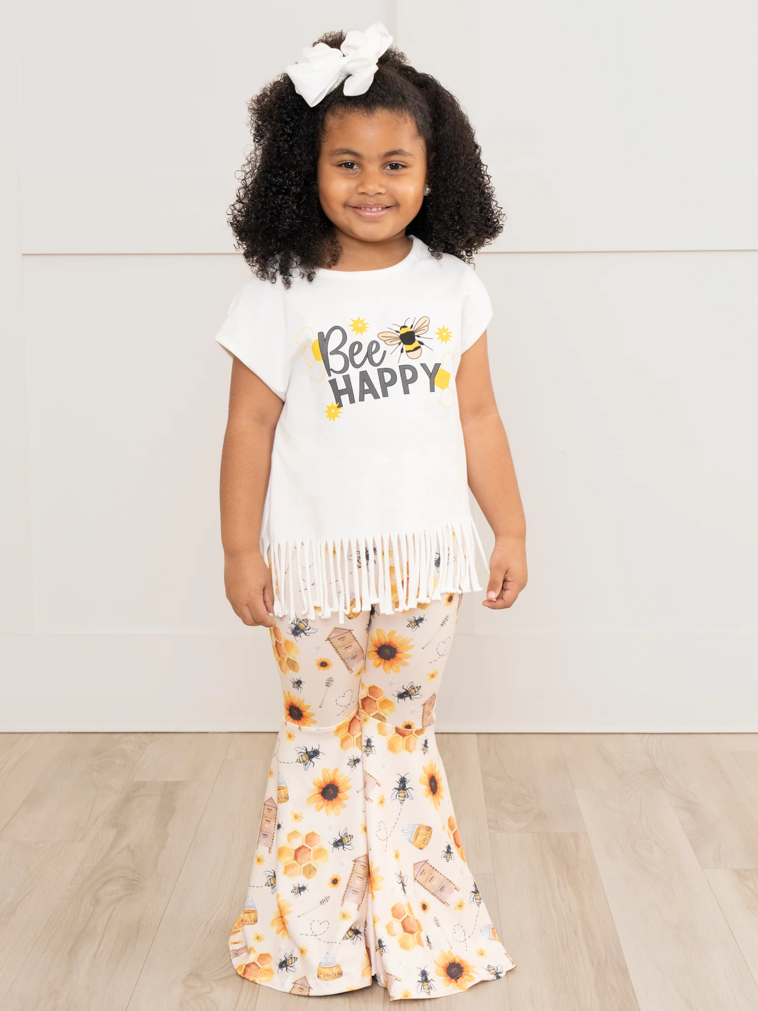 "Bee Happy" Sunflower Fringe Bell Bottoms Outfit - Image 3
