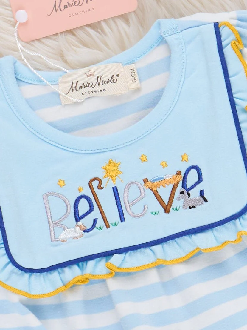 Believe in Nativity Embroidered Ruffle Bubble Romper - Image 3