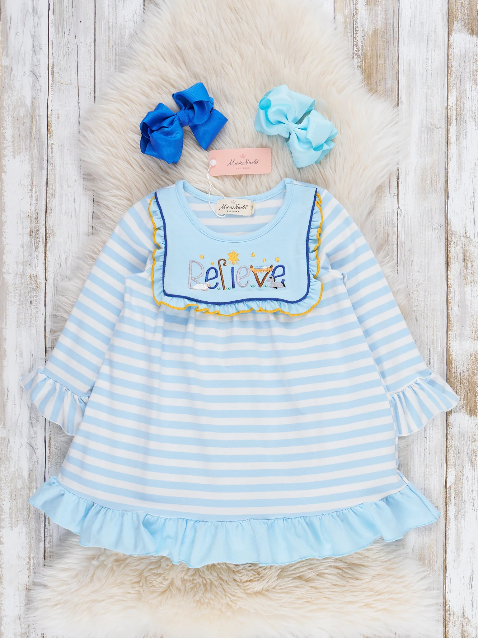 Believe in Nativity Embroidered Ruffle Dress