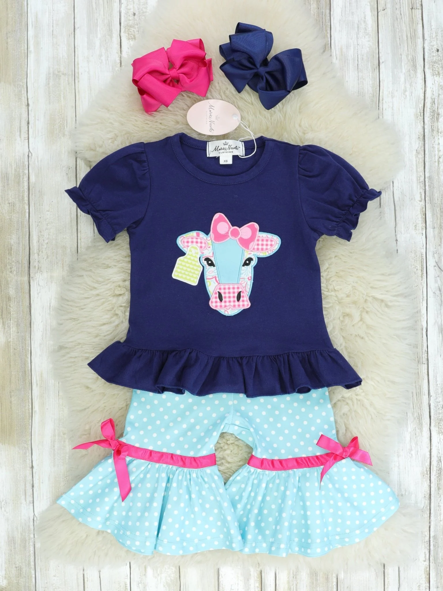 Navy & Light Blue Polka Dot Cow Capri Outfit