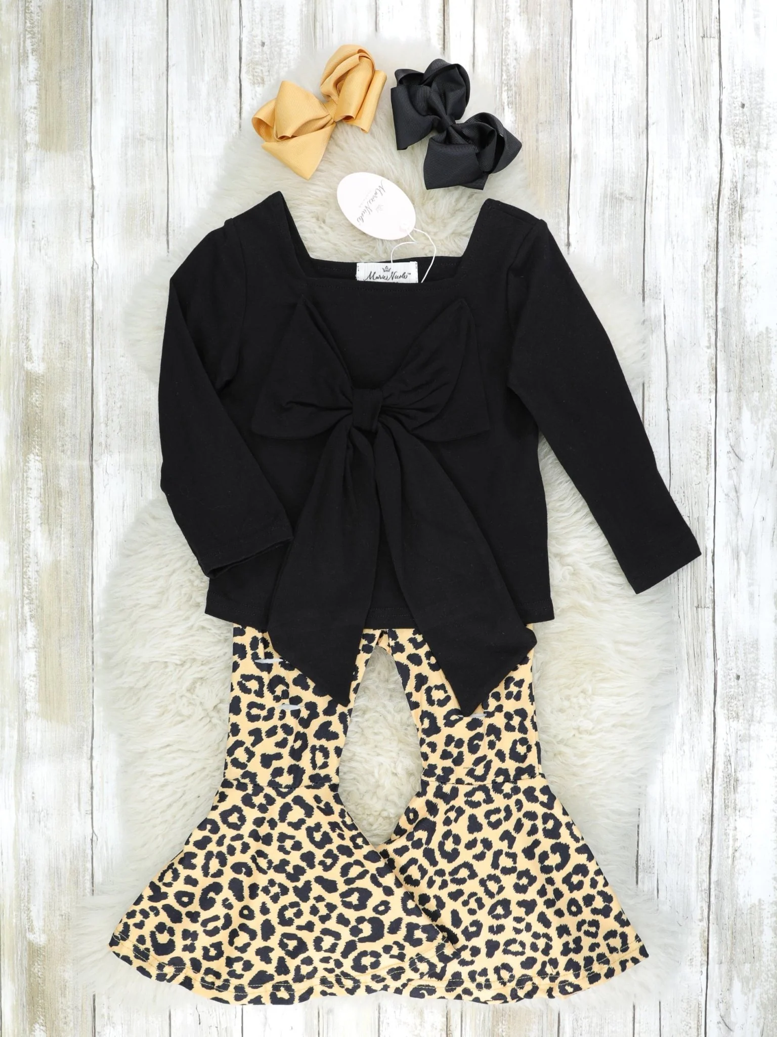 Black Bow Top & Leopard Bell Bottoms Outfit