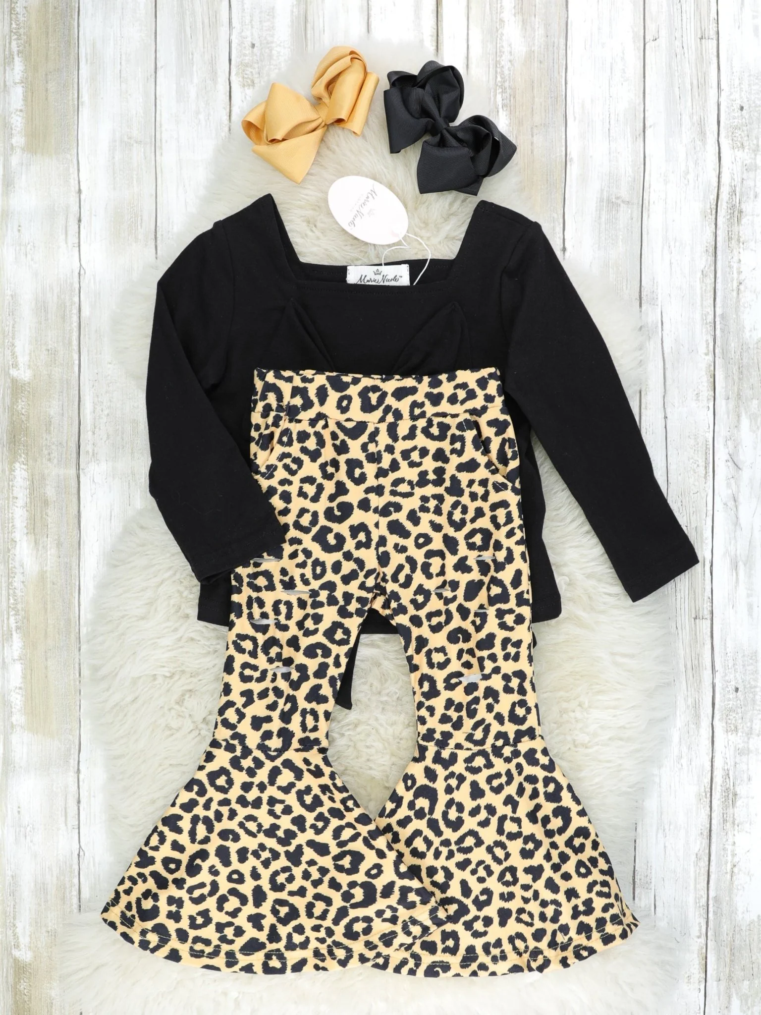Black Bow Top & Leopard Bell Bottoms Outfit - Image 2
