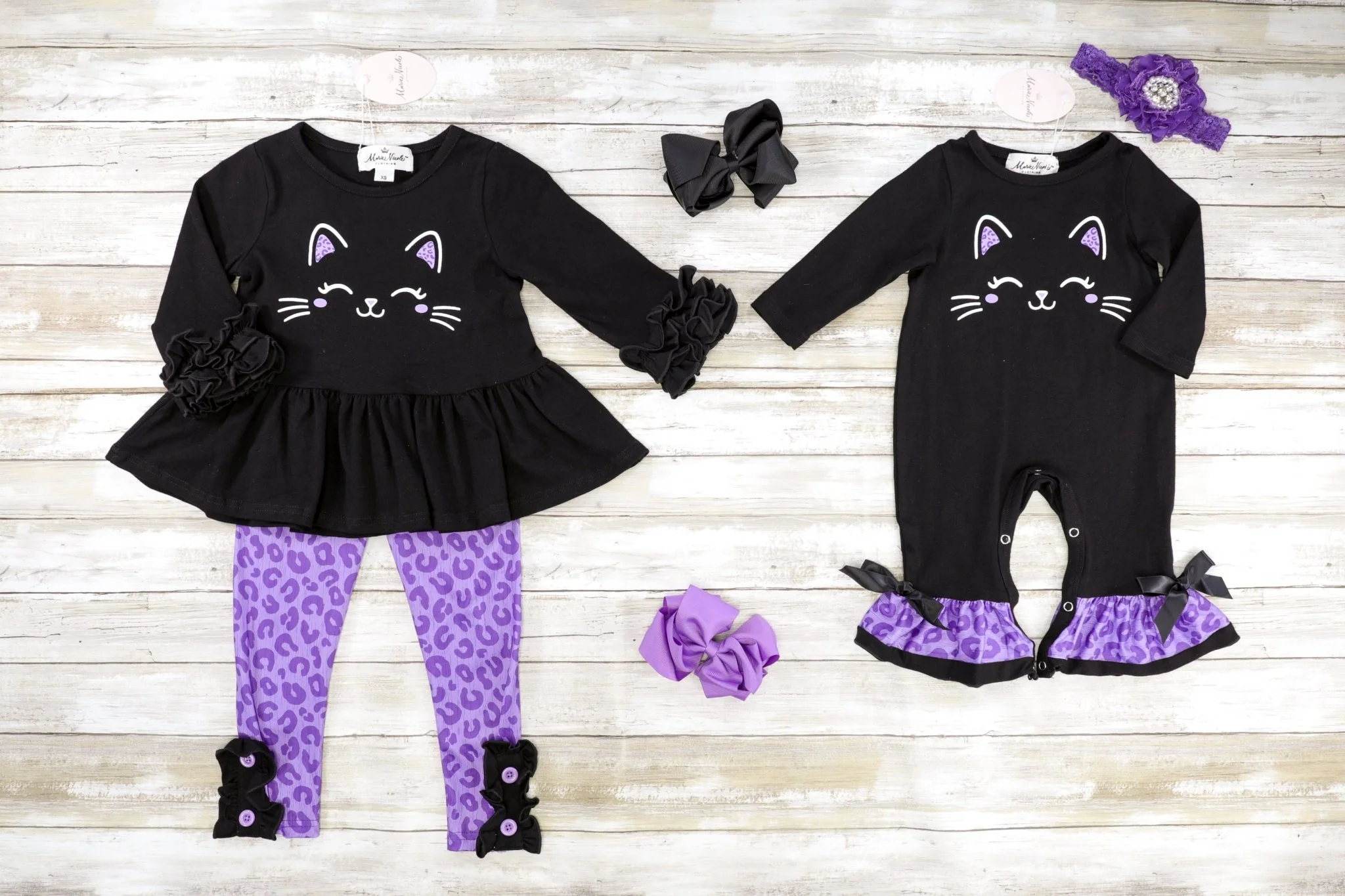 Black Cat Purple Leopard Print Ruffle Romper - Image 2