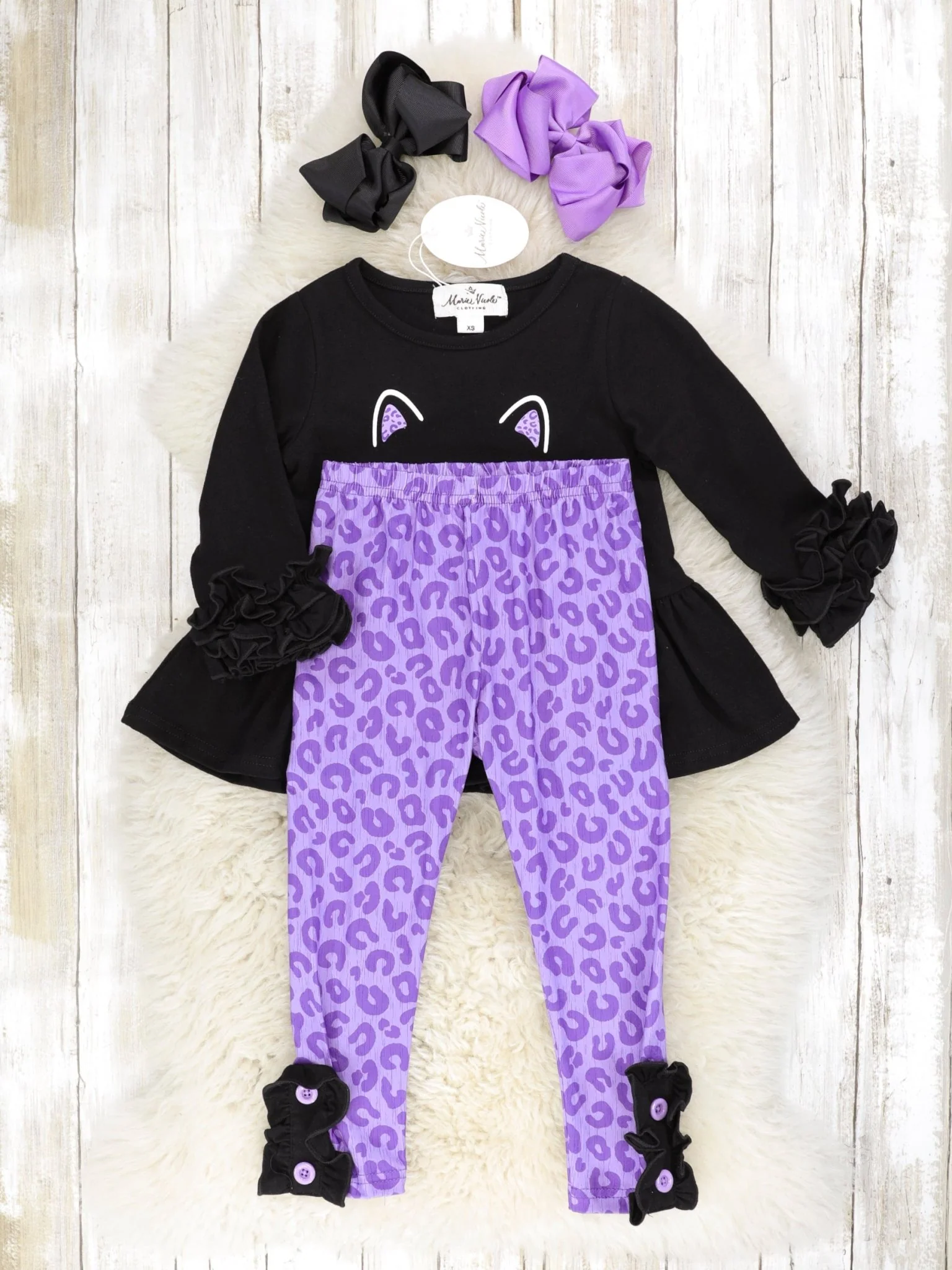 Black Cat Ruffle Peplum Top & Purple Leopard Print Bottoms Outfit - Image 2