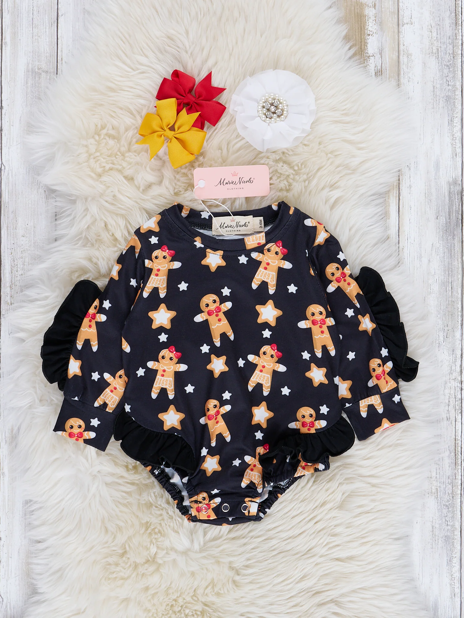 Black Gingerbread Ruffle Bubble Romper