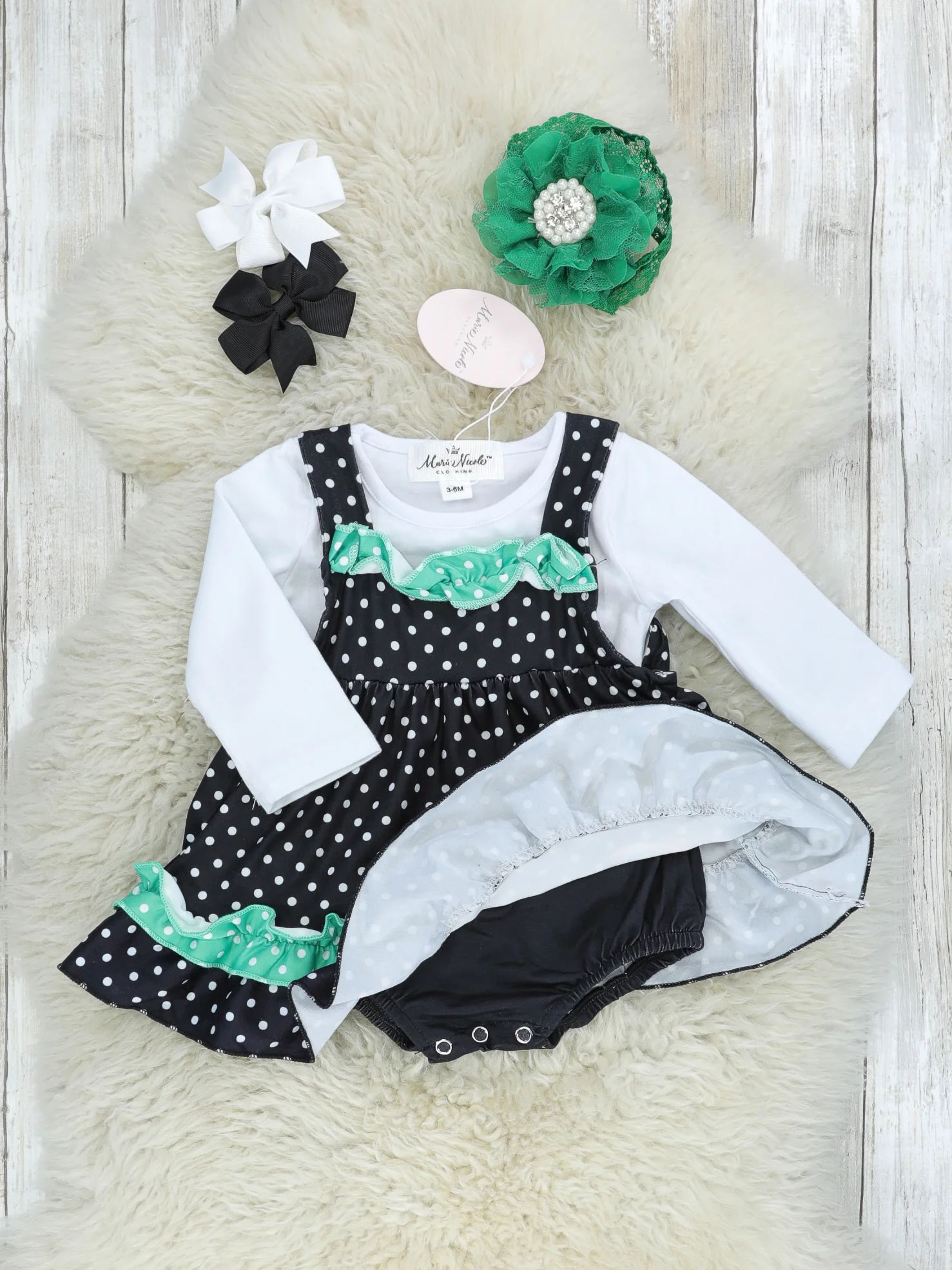 Black Polka Dot Gingerbread Romper W/ White Shirt - Image 4