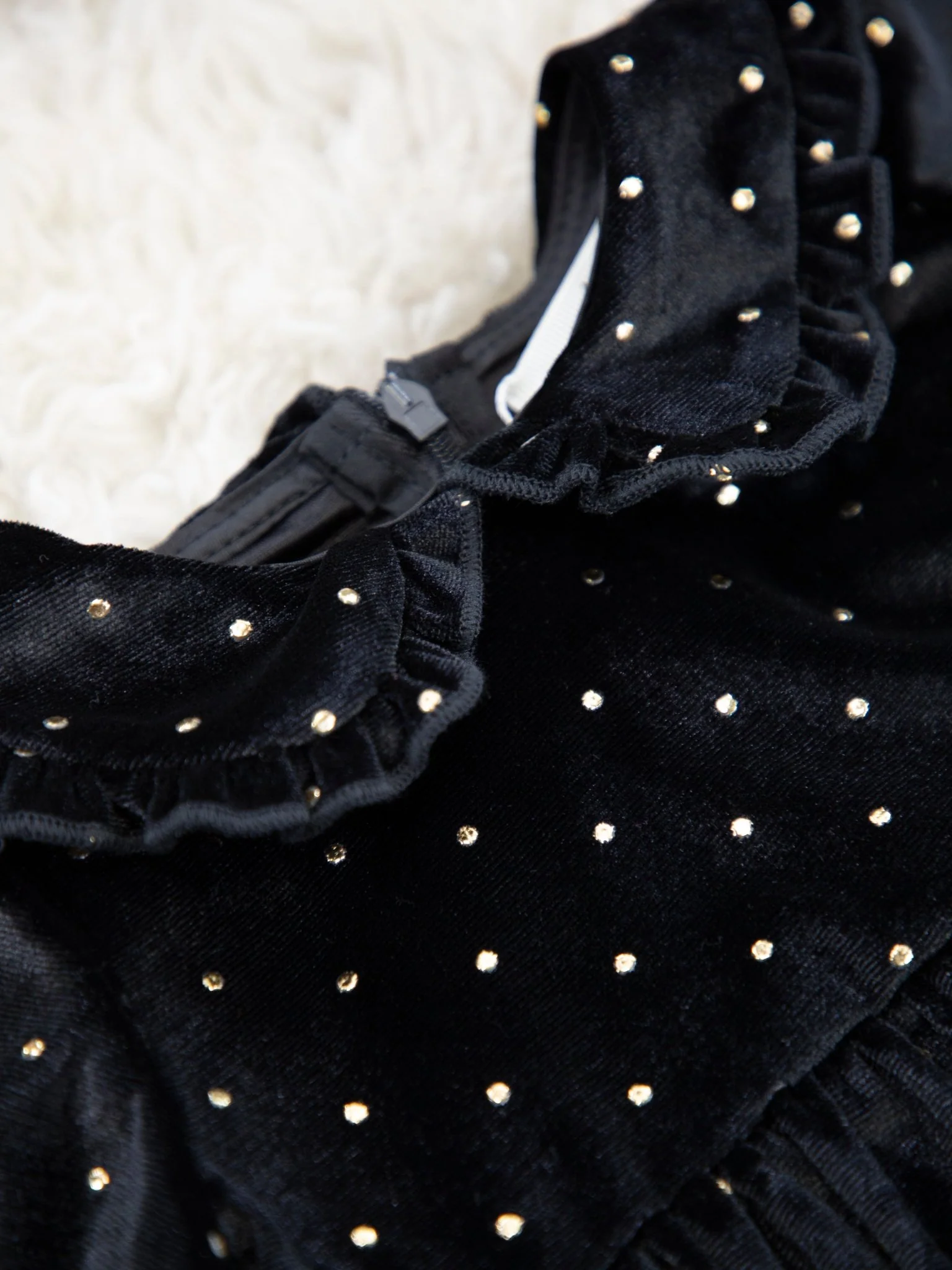 Black Polka Dotted Velvet Ruffle Romper - Image 3