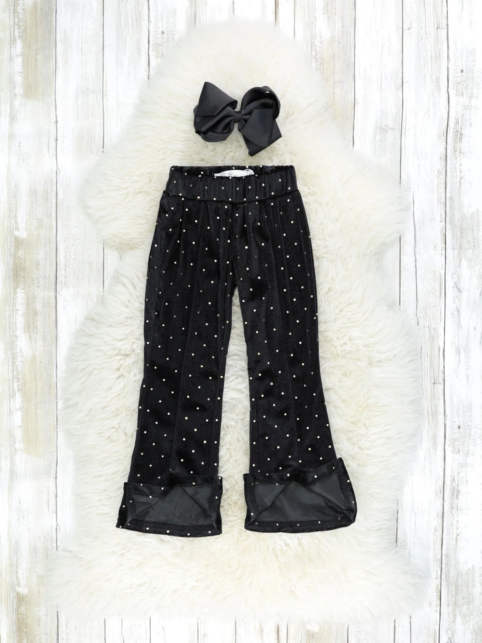 Black Polka Dotted Split Hem Velvet Bell Bottoms - Image 2