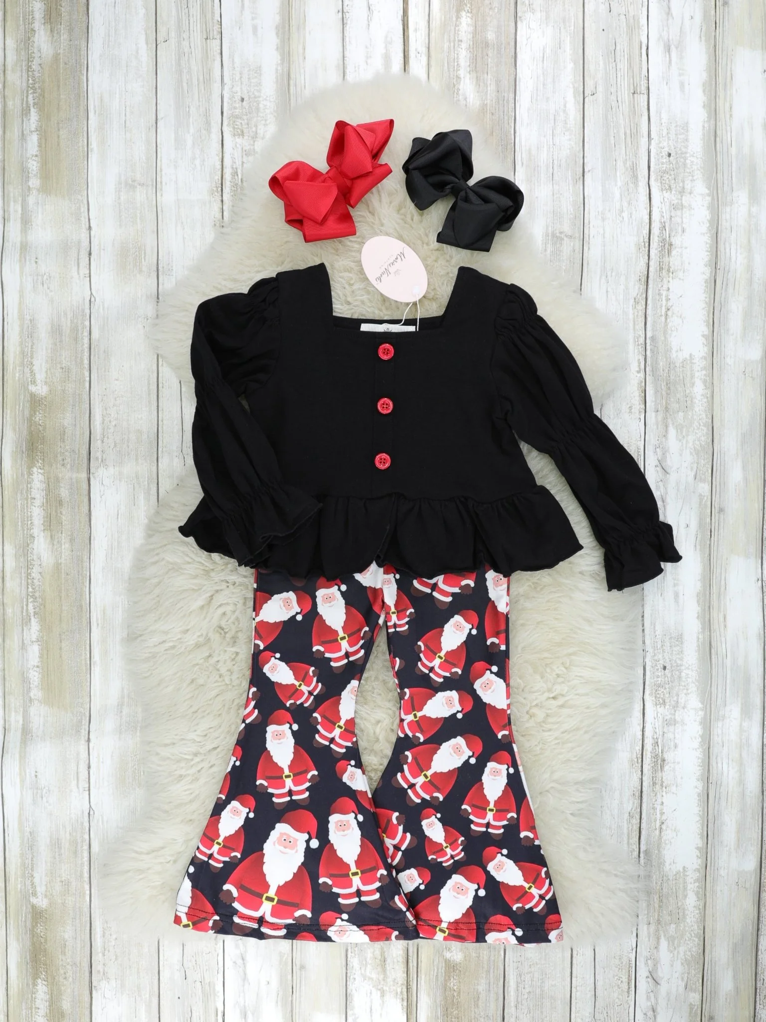 Black Puff Sleeve Top & Santa Bell Bottoms Outfit