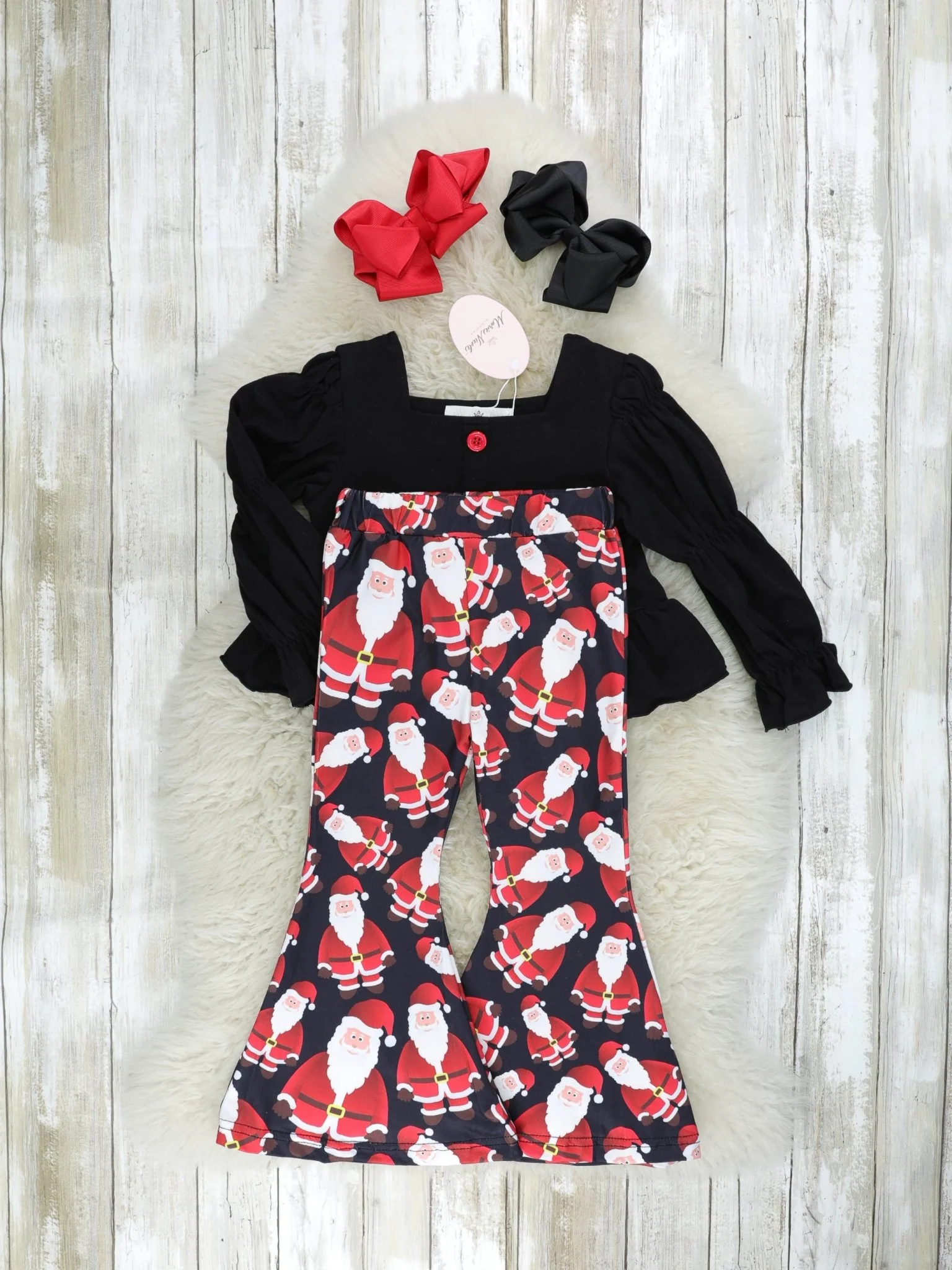 Black Puff Sleeve Top & Santa Bell Bottoms Outfit - Image 2