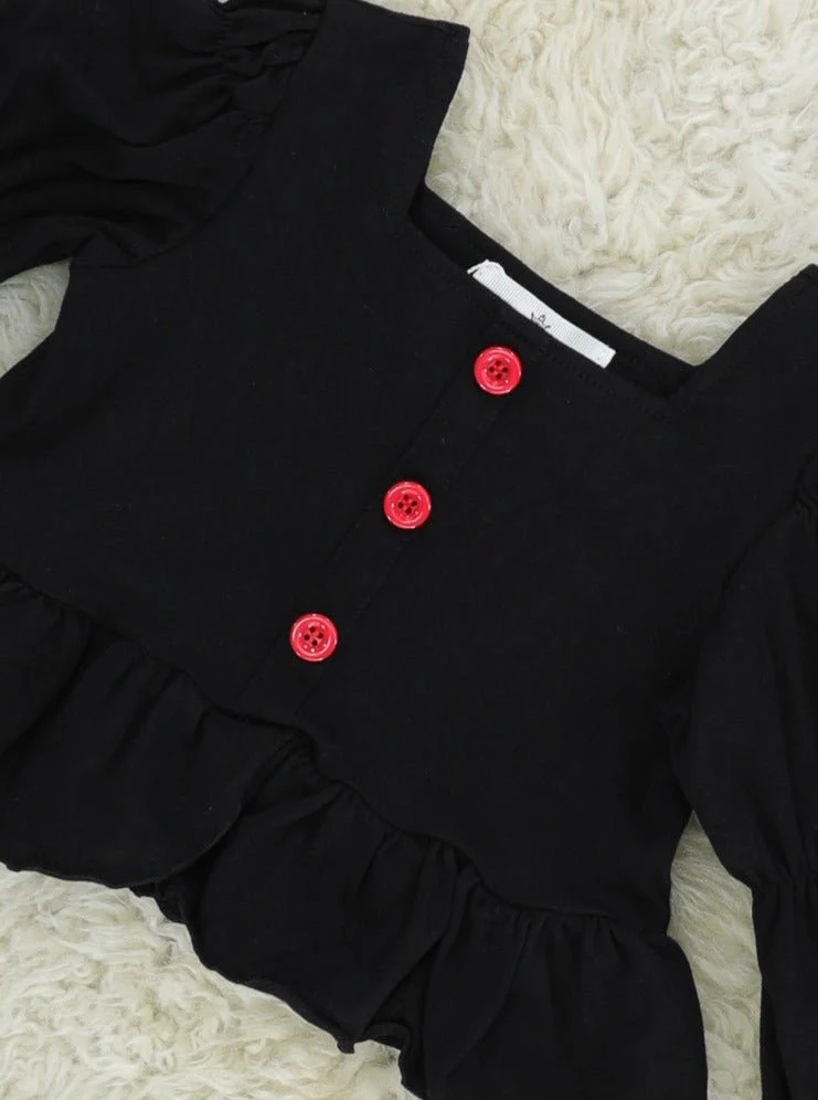Black Puff Sleeve Top & Santa Bell Bottoms Outfit - Image 3