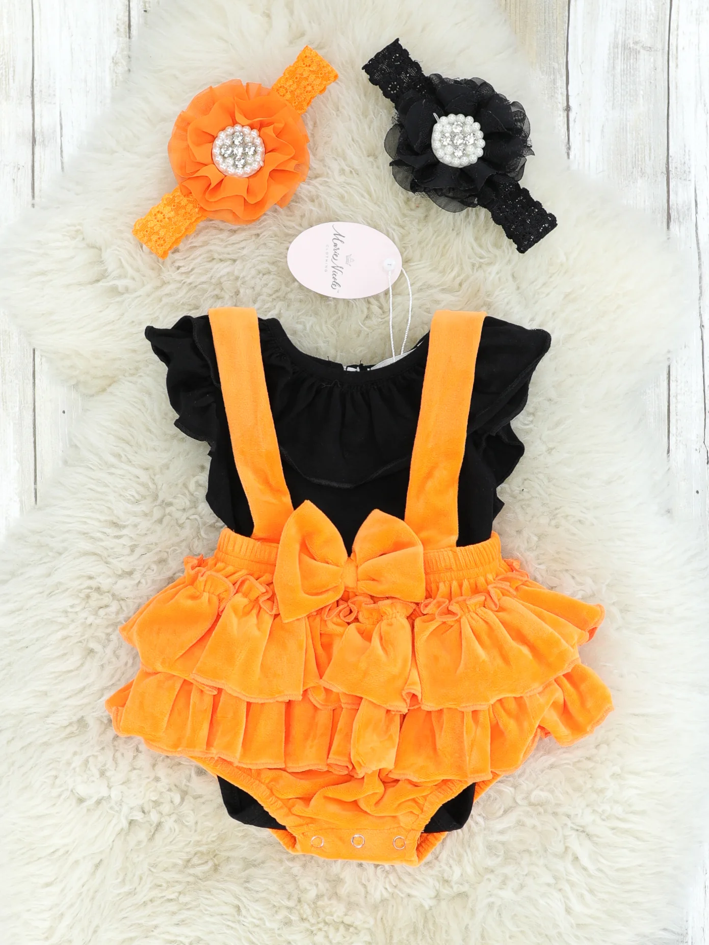 Black Ruffle Top & Orange Velvet Ruffle Overall Set