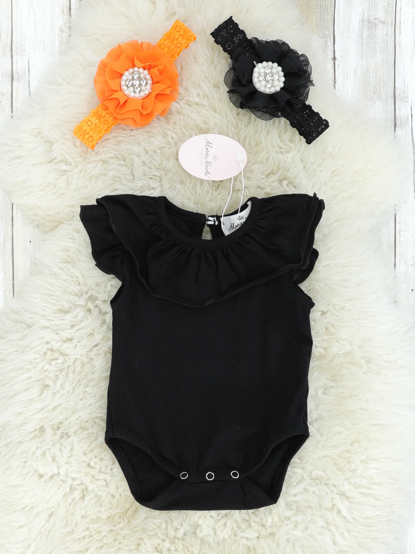 Black Ruffle Top & Orange Velvet Ruffle Overall Set - Image 2