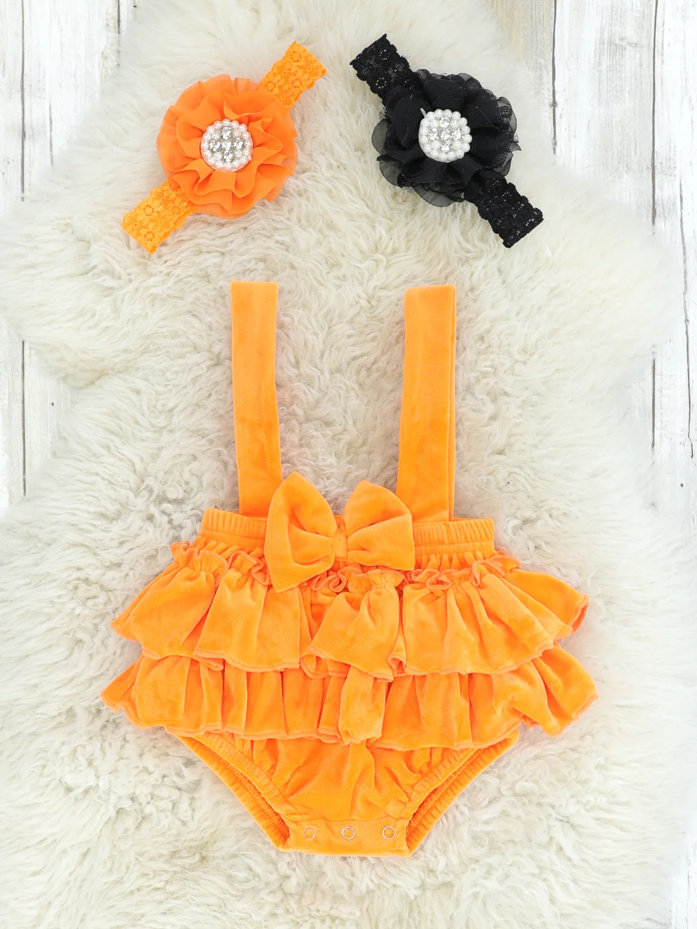 Black Ruffle Top & Orange Velvet Ruffle Overall Set - Image 3