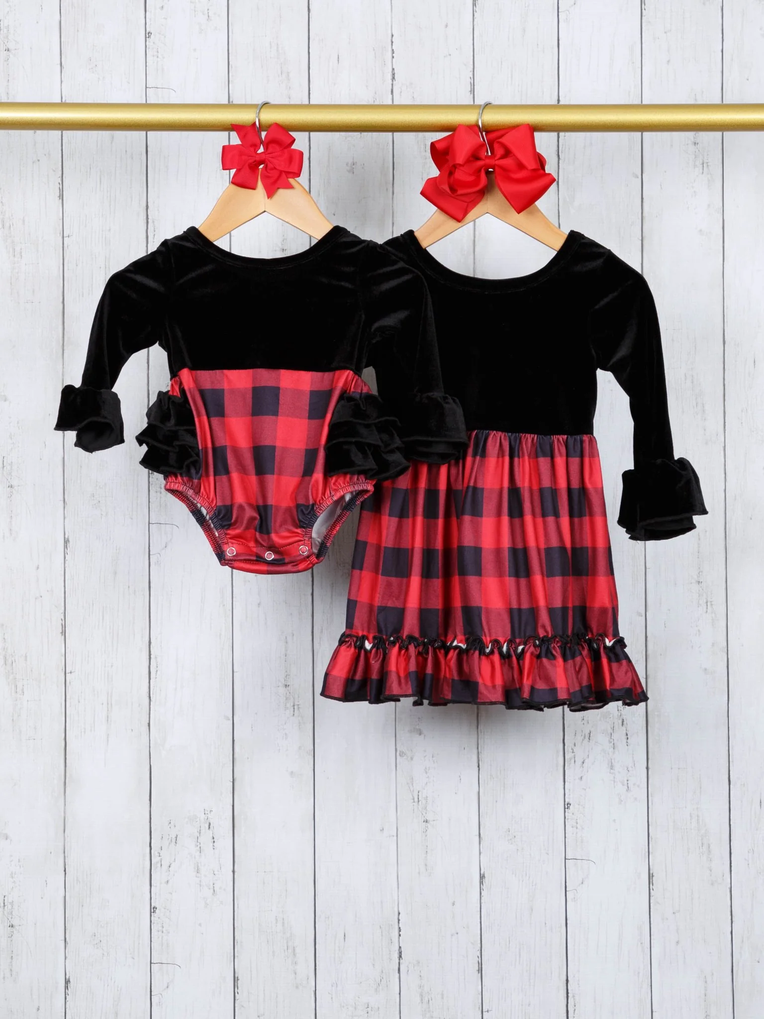 Black Velvet Buffalo Plaid Ruffle Romper - Image 3