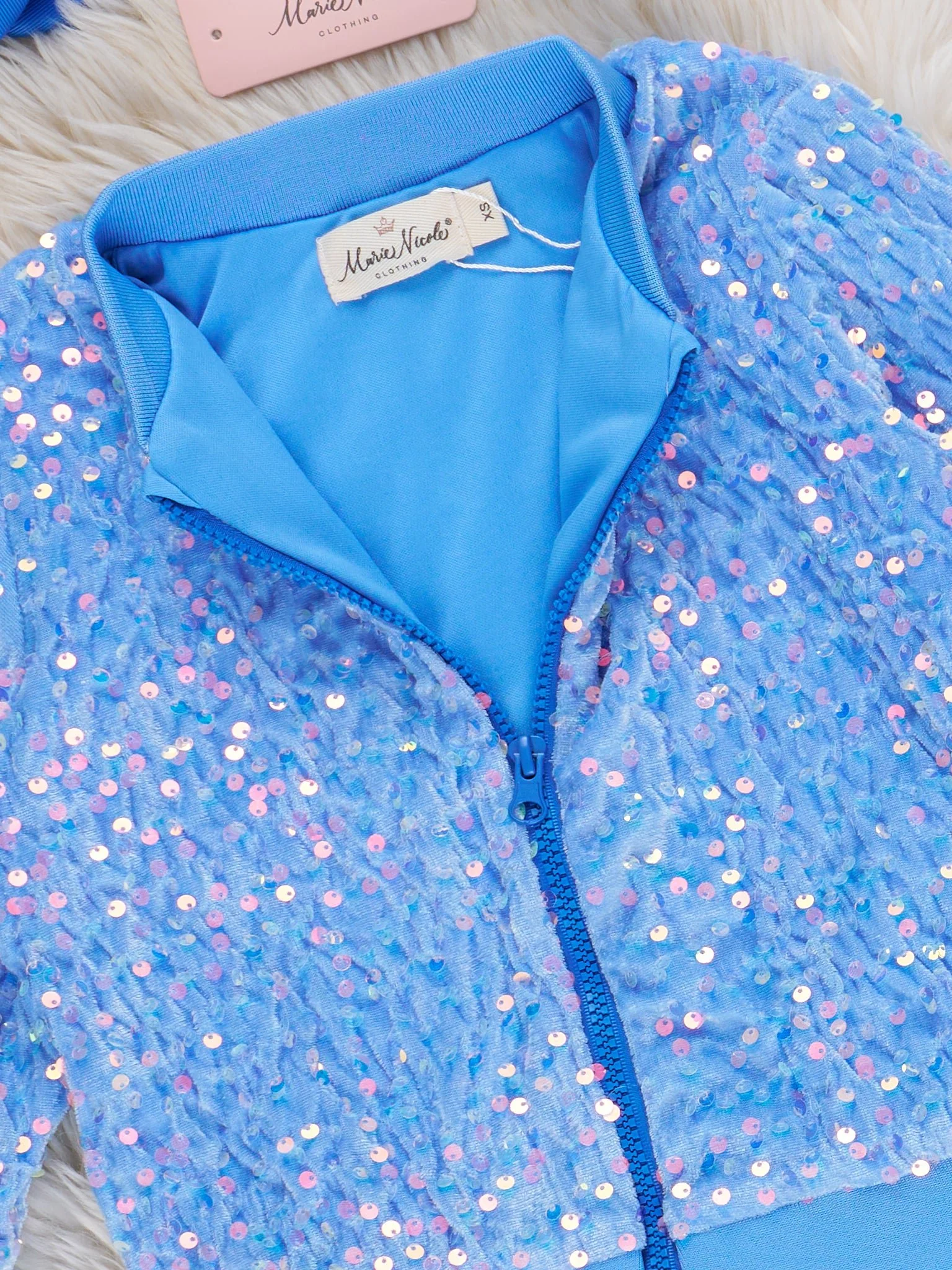 Blingy Blue Sequin Velvet Bomber Jacket - Image 2