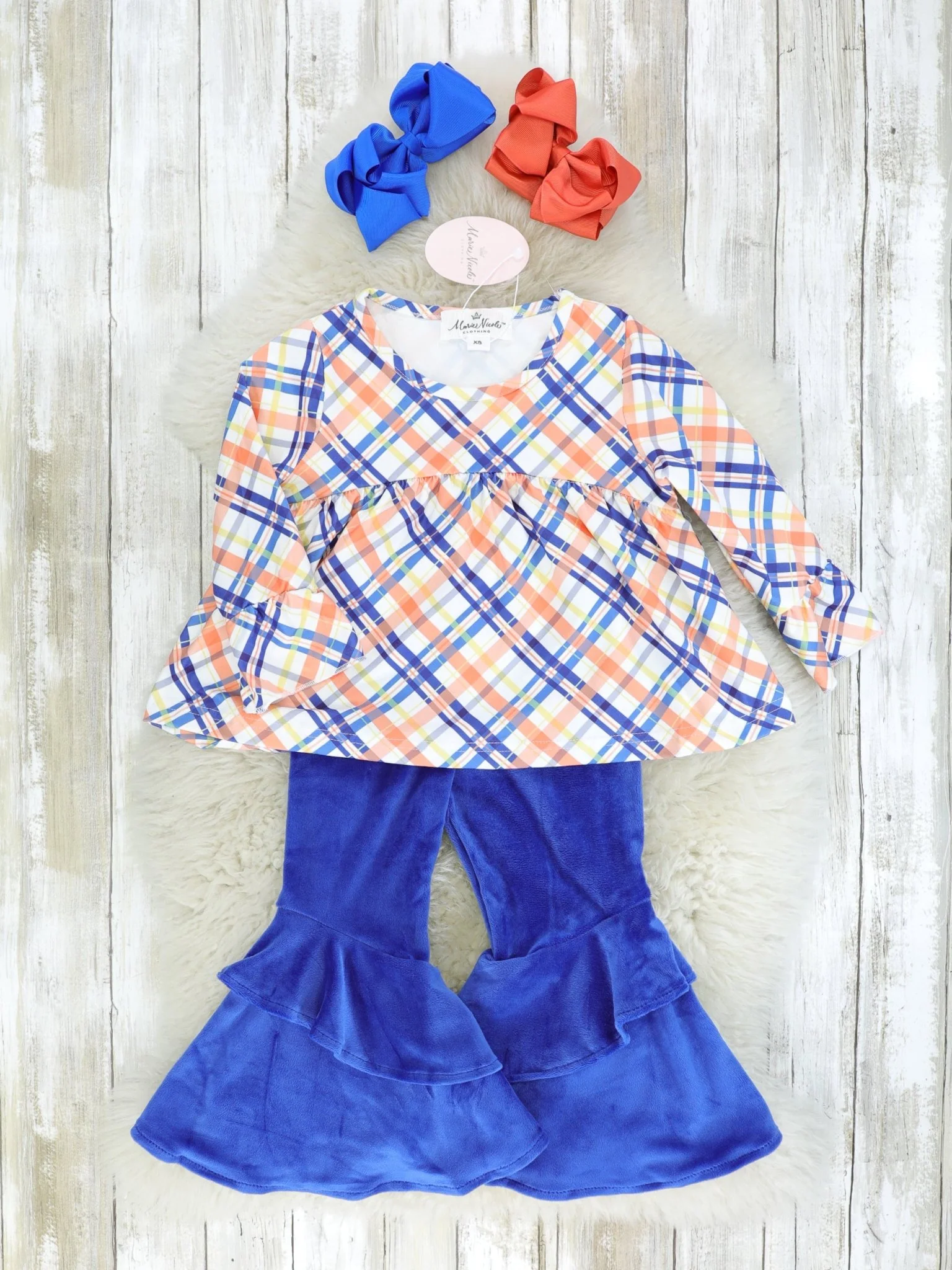 Blue & Orange Plaid Top & Velvet Ruffle Bell Bottoms Outfit