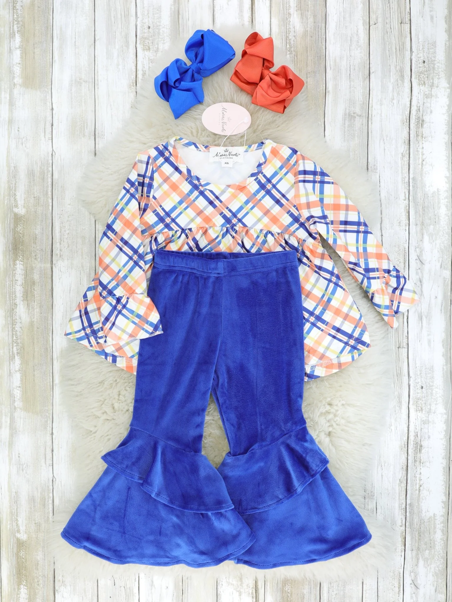 Blue & Orange Plaid Top & Velvet Ruffle Bell Bottoms Outfit - Image 2
