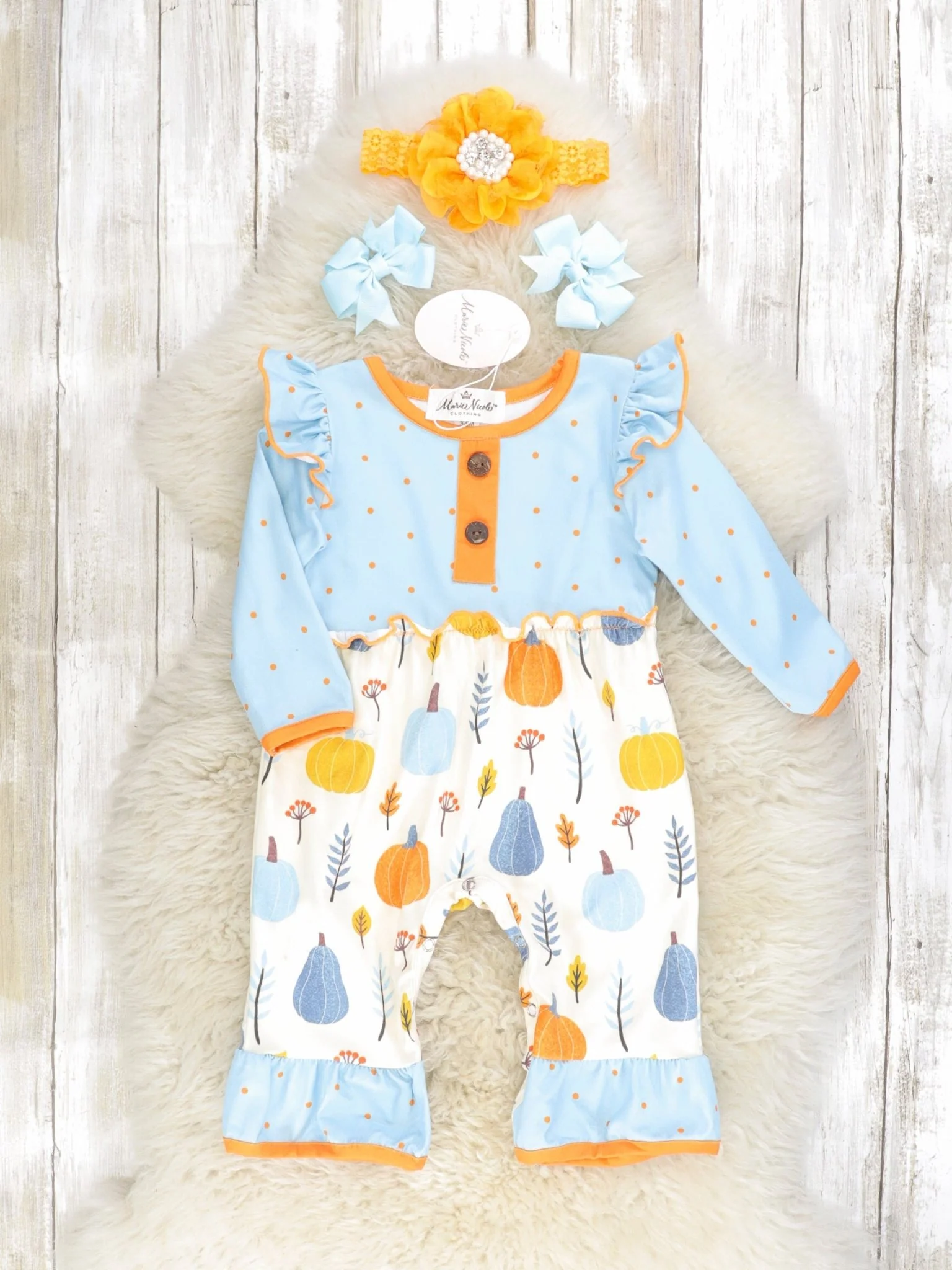 Blue & Orange Polka Dot Pumpkin Ruffle Romper