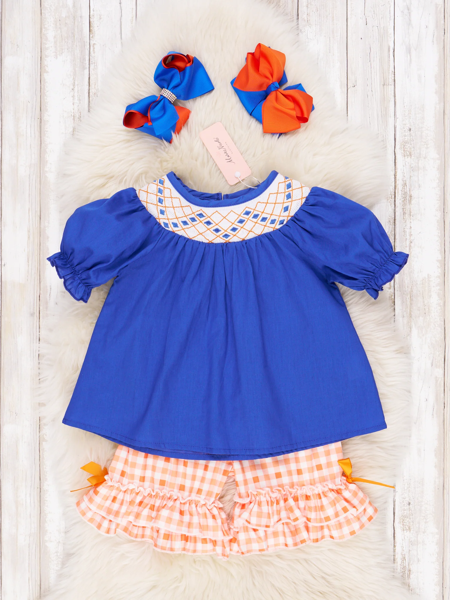Blue & Orange Smocked Gingham Ruffle Outfit
