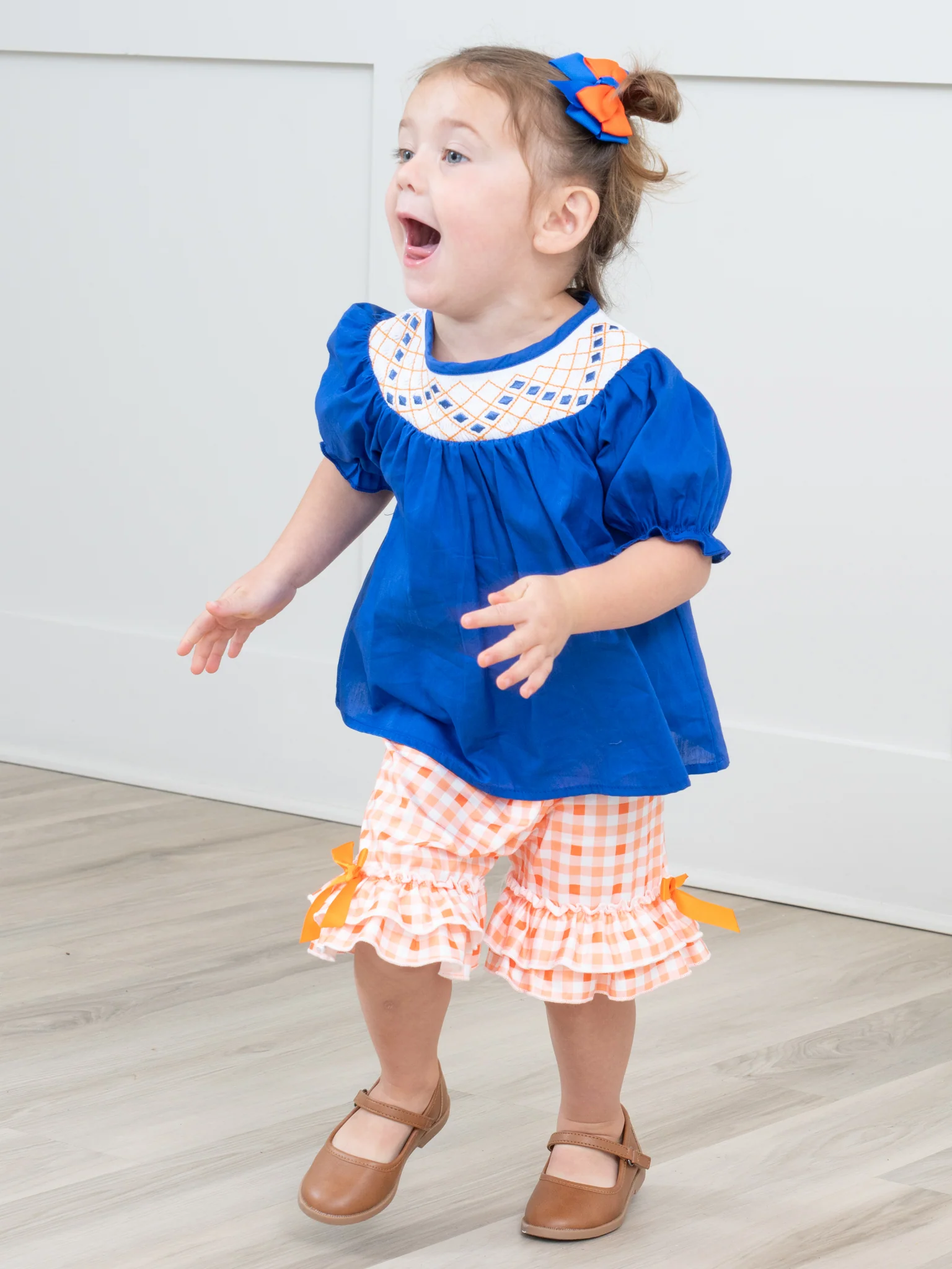 Blue & Orange Smocked Gingham Ruffle Outfit - Image 2