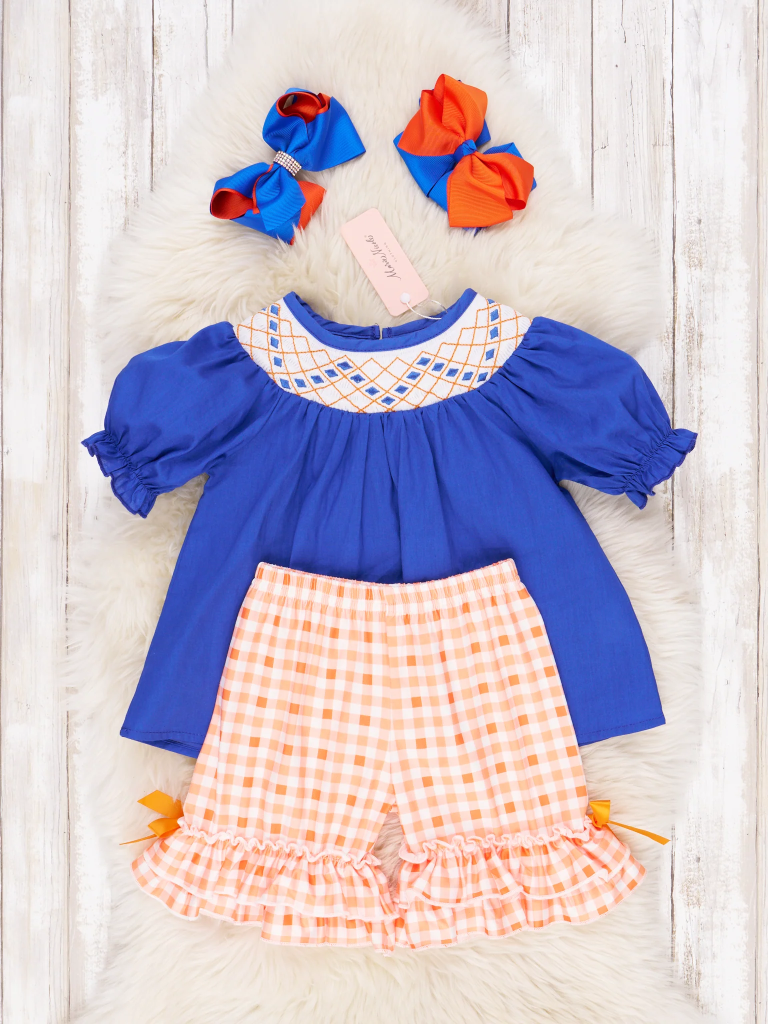 Blue & Orange Smocked Gingham Ruffle Outfit - Image 3