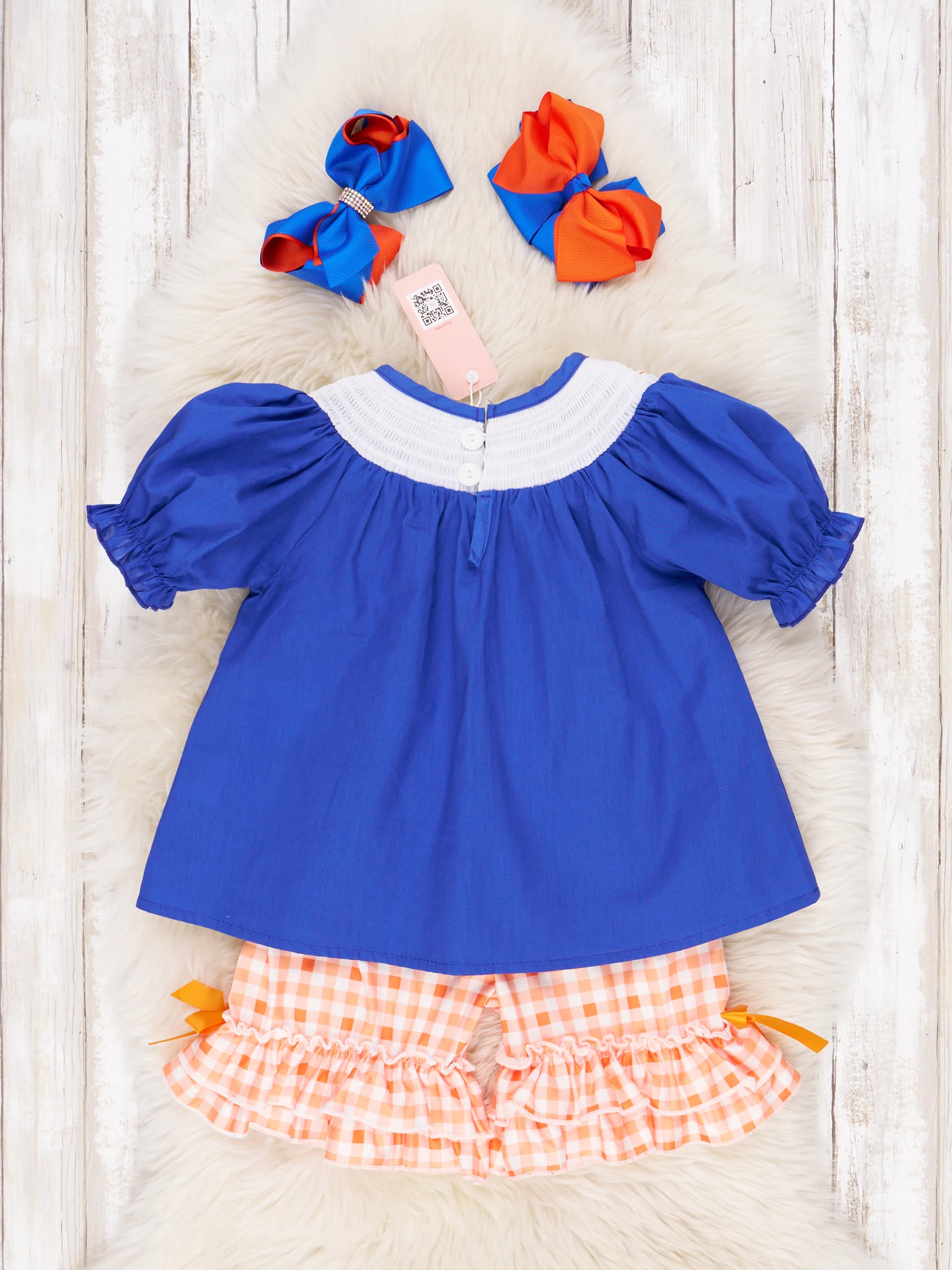 Blue & Orange Smocked Gingham Ruffle Outfit - Image 4