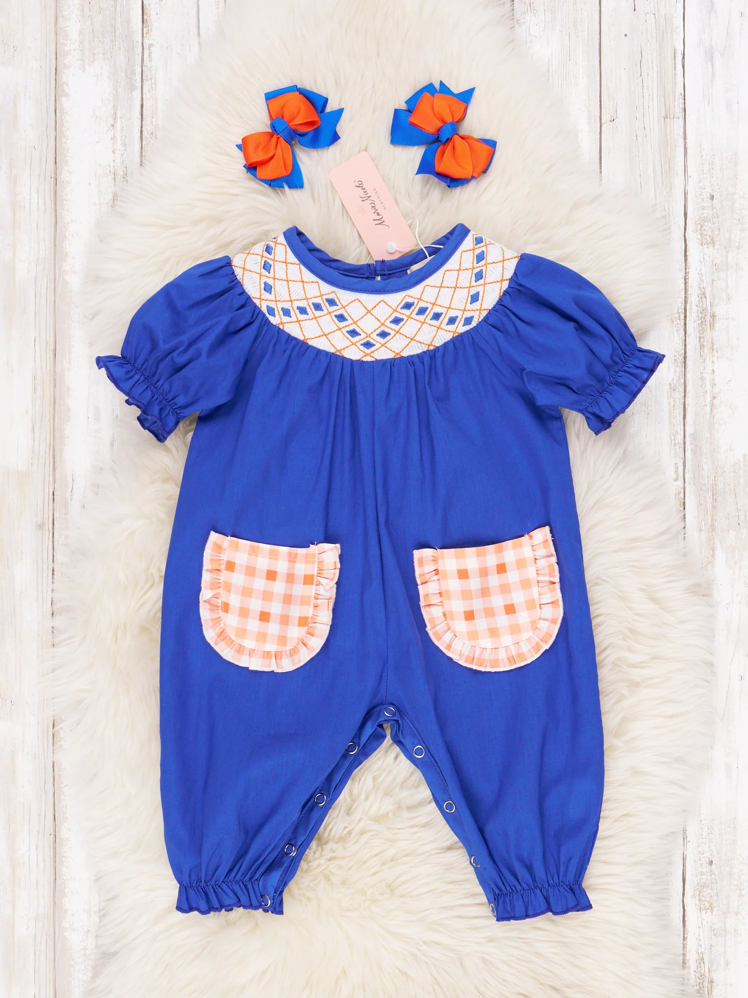 Blue & Orange Smocked Gingham Ruffle Romper - Image 2