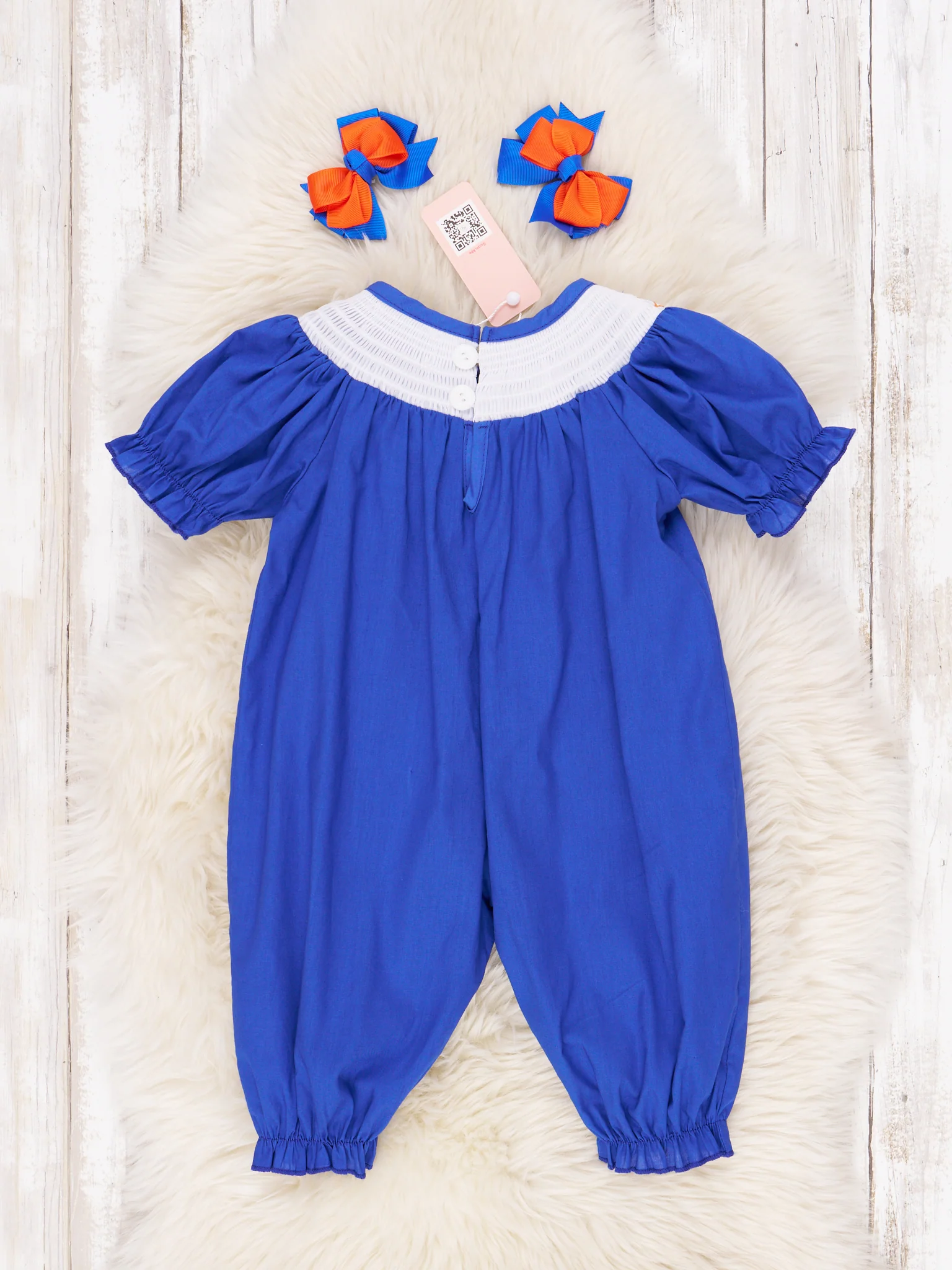 Blue & Orange Smocked Gingham Ruffle Romper - Image 3