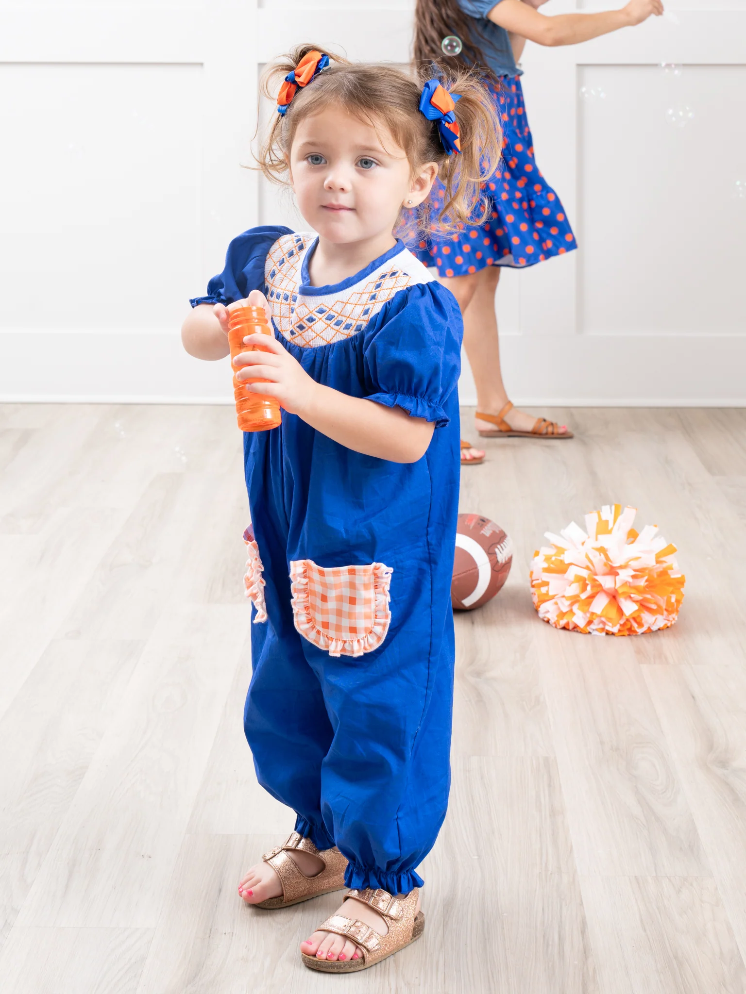 Blue & Orange Smocked Gingham Ruffle Romper - Image 4